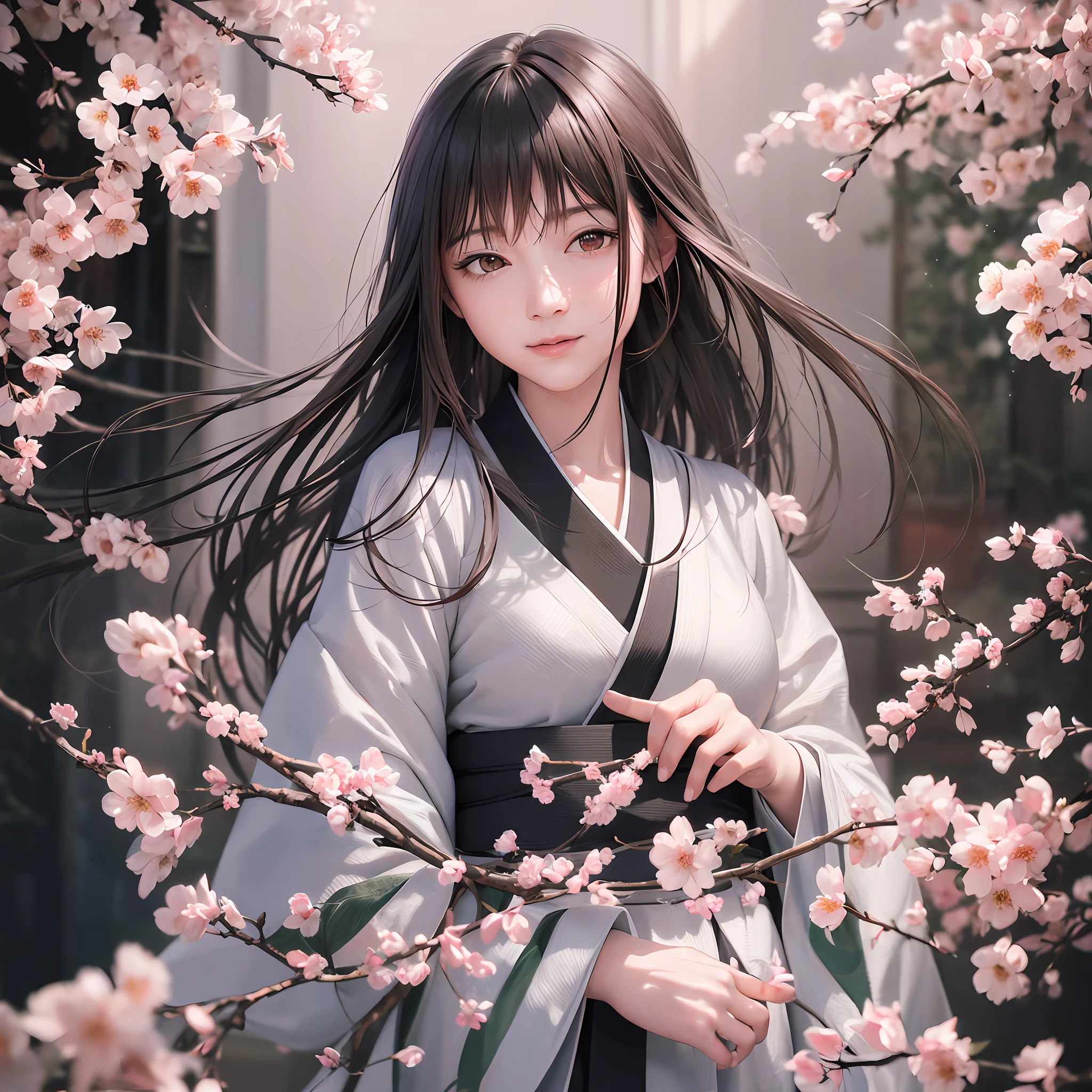 (RAW photo, highest quality), (realistic, photorealistic: 1.3), highest quality, high definition, masterpiece, super detail, illustration, 1girl, upper_body, dynamic angle, , messy_long_hair, top quality, highly detailed CG Unity 8k wallpaper, ink, wonderful, amazing, cinematic lighting, lens_flare, dunhuang_ style, black hair, white kimono, small, hagoromo, smile, cherry blossom, intelligent, Japanese, upper body, --auto --s2