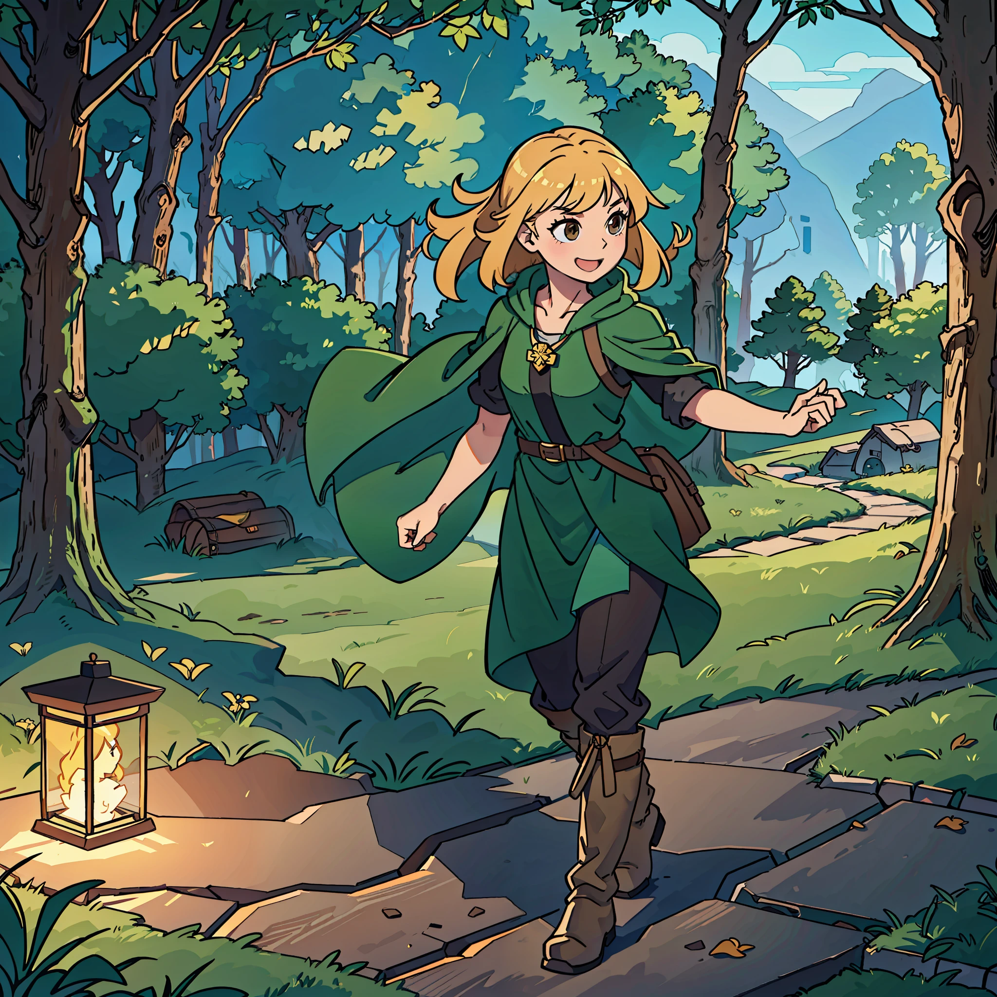 Girl with blonde hair, brown eyes, a set of practical and durable clothes, made of sturdy fabrics that adapt to the conditions of the forest. She wears an emerald green tunic, loose enough to allow freedom of movement, but which doesn't get in the way of her steps. Above the tunic, she wears a dark green cape, which protects her from the wind and the weather. Sturdy leather boots, with non-slip soles, ensuring good traction in rough terrain. A leather belt is fastened around her waist, where she can attach small bags to store supplies and objects needed for her journey. protective amulet made of precious stone, carved in the shape of a stylized leaf. The amulet is loaded with an ancient forest magic, offering you protection from unknown dangers that may come your way. (best quality) (HDR), smile, happy, anatomically correct, high details, super detail, ccurate, masterpiece, high details, high quality, high details, super detail, textured skin, anatomically correct, 4K, 8k, 16k (surprise expression)