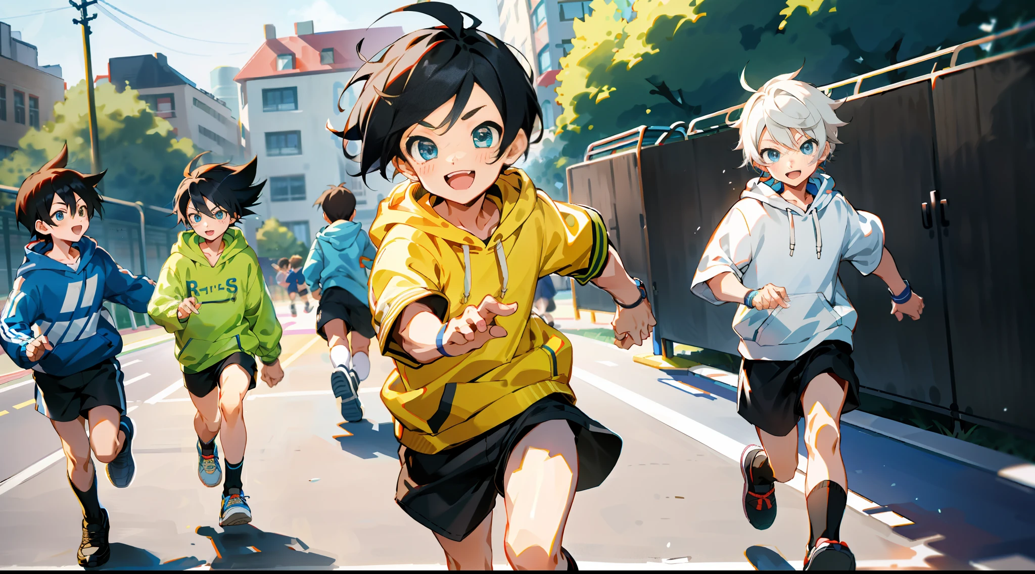 HD picture, children's youthful style, animated face appearance, strong and vibrant blue eyes, playground background, other children in the background, several boys with different hairstyles and different clothes, 1 Bob hairstyle boy wearing slim hoodie and knee socks, shorts, happy micro-back, black shoes, depth of field, running dash.