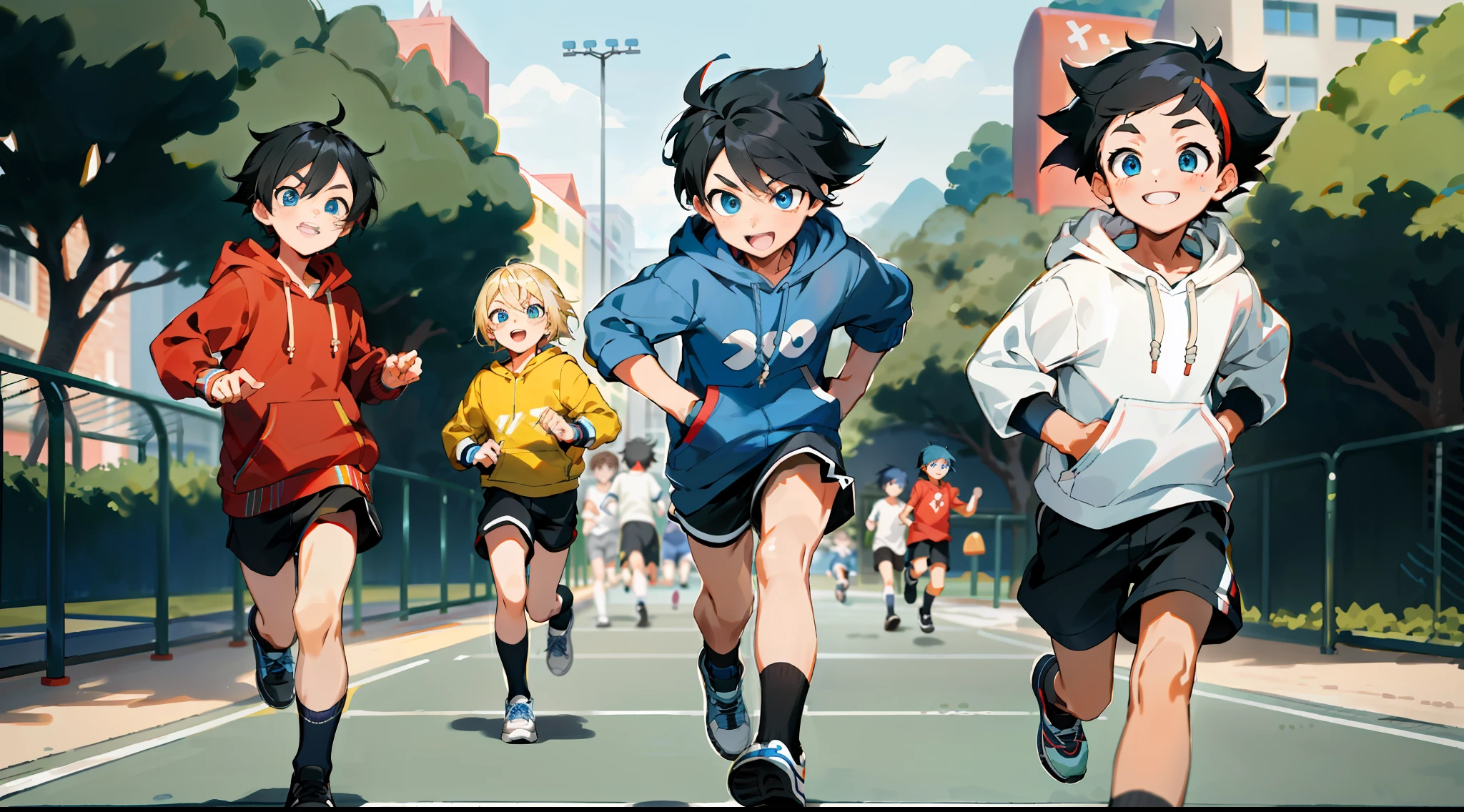 HD picture, children's youthful style, animated face appearance, strong and vibrant blue eyes, playground background, other children in the background, several boys with different hairstyles and different clothes, 1 Bob hairstyle boy wearing slim hoodie and knee socks, shorts, happy micro-back, black shoes, depth of field, running dash.