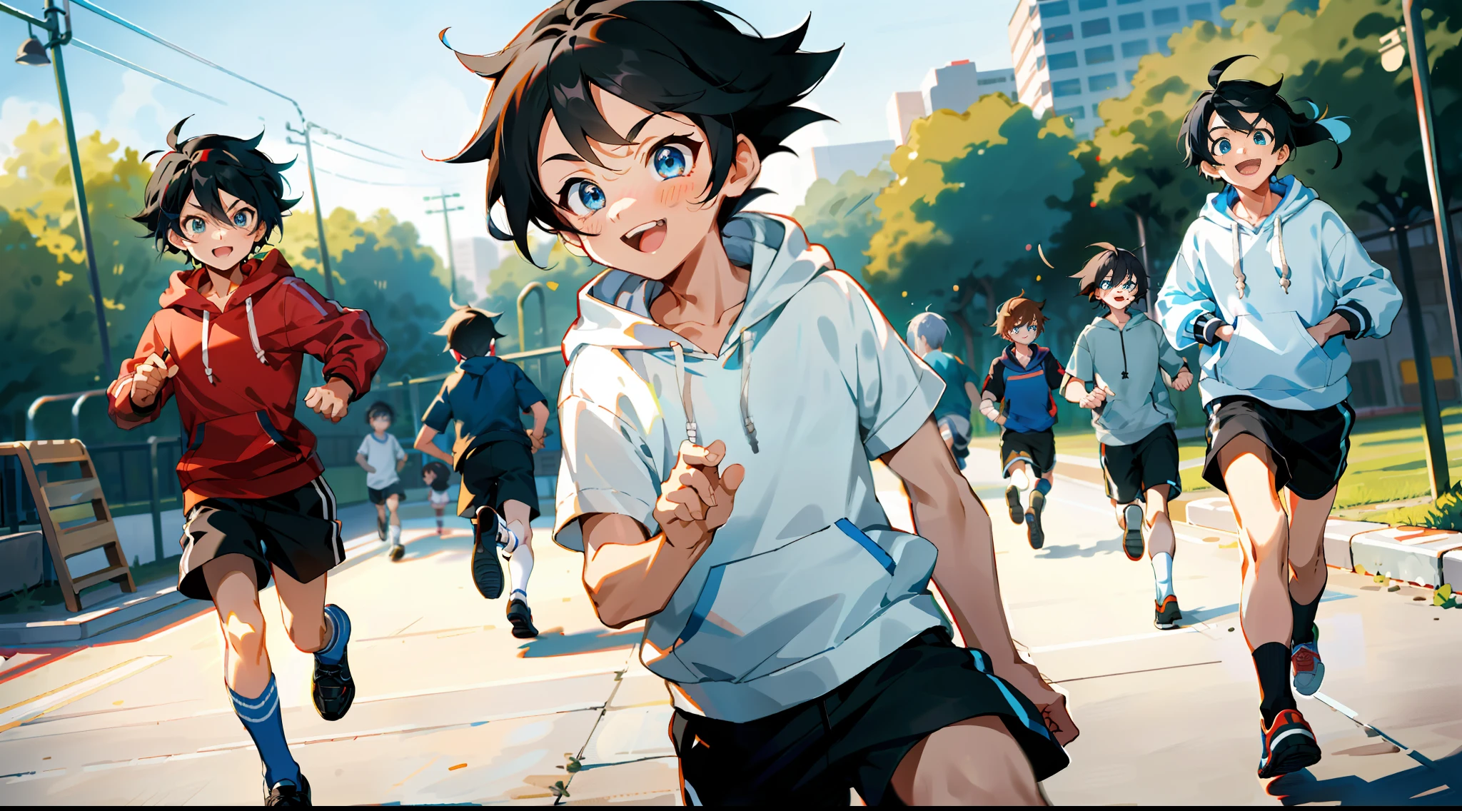 HD picture, children's youthful style, animated face appearance, strong and vibrant blue eyes, playground background, other children in the background, several boys with different hairstyles and different clothes, 1 Bob hairstyle boy wearing slim hoodie and knee socks, shorts, happy micro-back, black shoes, depth of field, running dash.