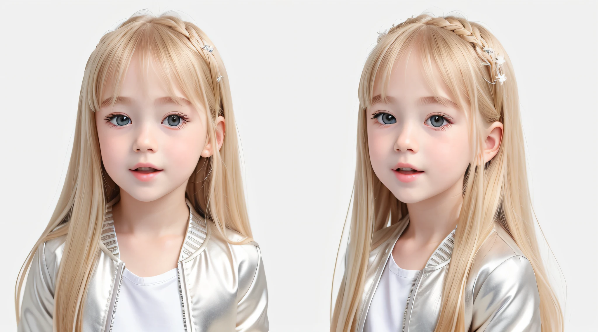 masterpiece, best quality, realistic, girl children hair BLONDE, long hair, SILVER JACKET, broad shoulders, small head, upper body, (white background: 1.3), mouth closed.