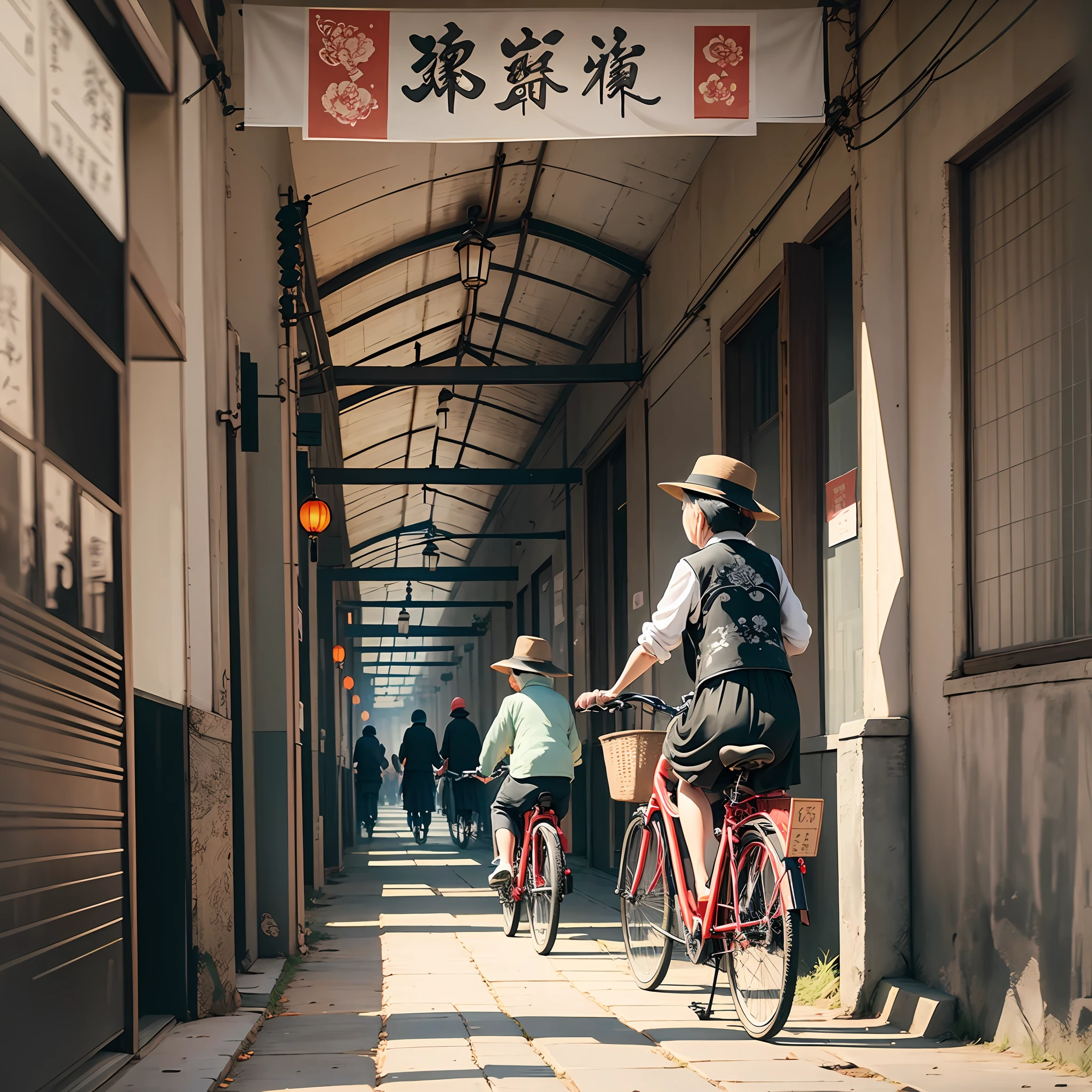 Bicycles, Chinese ink paintings, two old people, two children, one girl --auto --s2