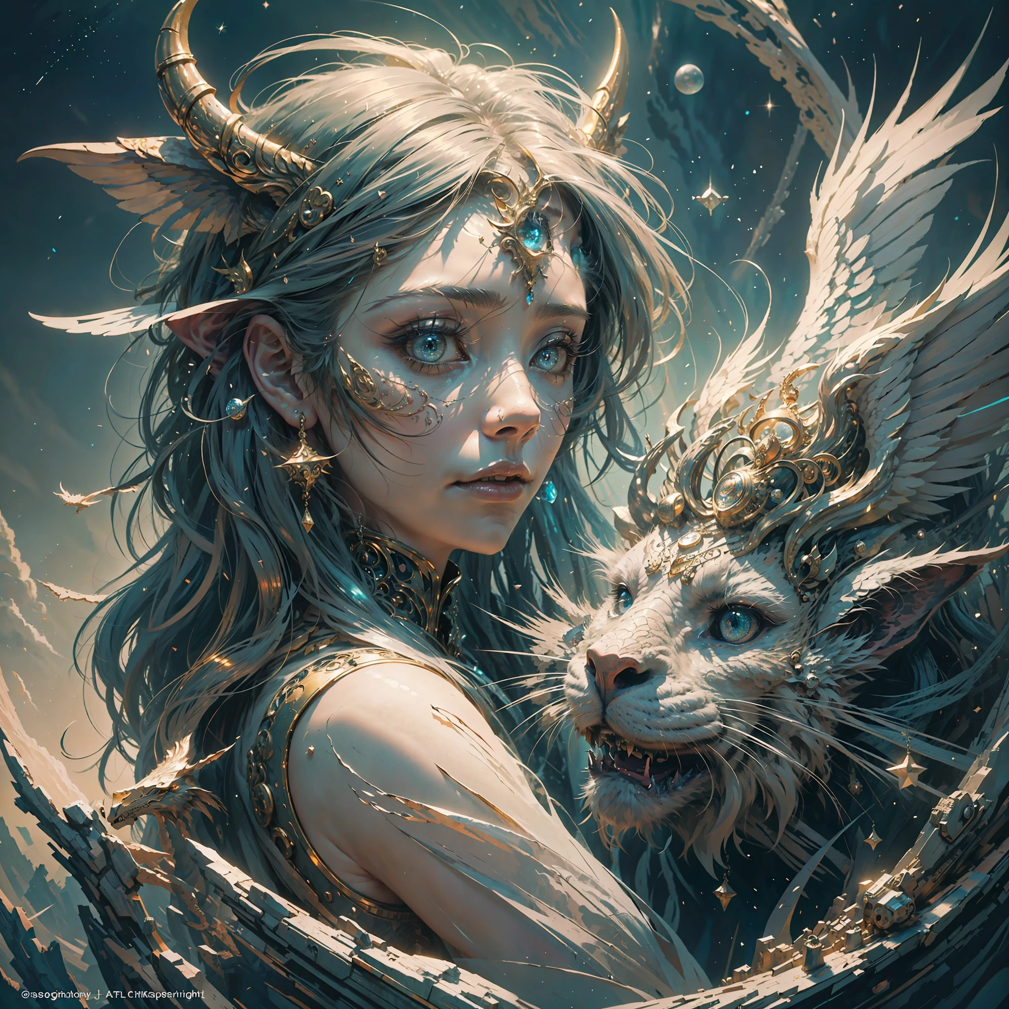 ((masterpiece)), (ultra-detailed), (intricate details), (high resolution CGI artwork 8k), Create artwork of one interesting celestial being with a stunning chimera. She should be delicate and mysterious with hair dissolving into bright stars. The chimera should be colorful and beautiful and highly detailed. Pay close attention to face details with small and ornate enhancements such as mesmerizing eyes with realistic shading. The artwork's color palette should be based on fairytale fantasy, mythic fantasy, and high fantasy with saturated colors. The image should feature a dreamlike, ethereal atmosphere with shimmering details and gossamer details. The background should be interesting but subtle, with the focus remaining on the figures in the foreground. Camera: Prioritize compelling and dynamic composition. Lighting: Utilize atmospheric and volumetric lighting and dynamic lighting to emphasize the image's awe-inspiring aura. Choose an angle that highlights the character's beauty and enhances the magical majesty of the artwork. Consider popular trends in fantasy images such as those from ArtStation and Midjourney. Resolution: Aim for high-resolution artwork to showcase intricate details and clarity.