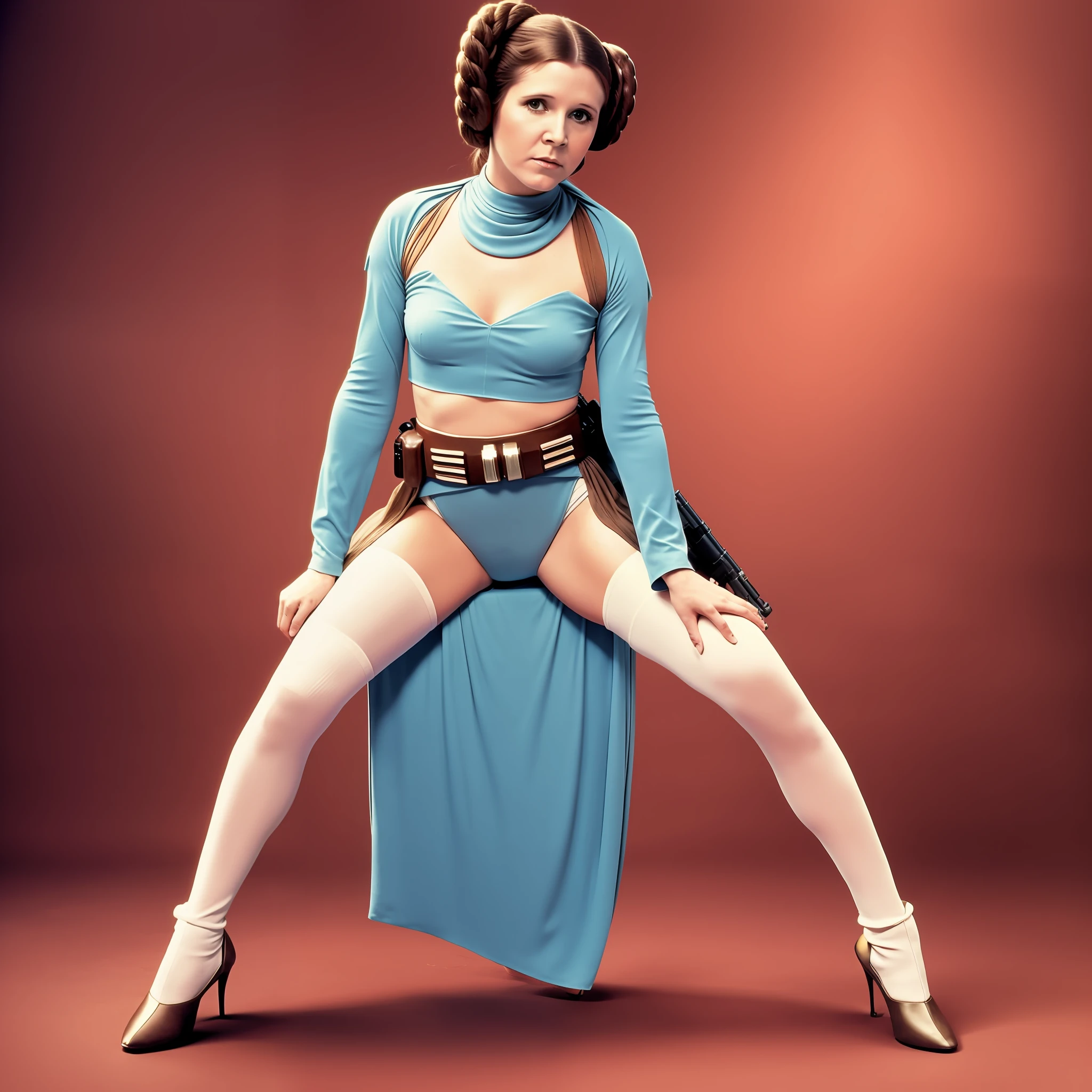 "Still '70s photo of Carrie Fisher_v1 posing, Princess Leia, full body, retro background, soft colors and natural graininess." --auto --s2