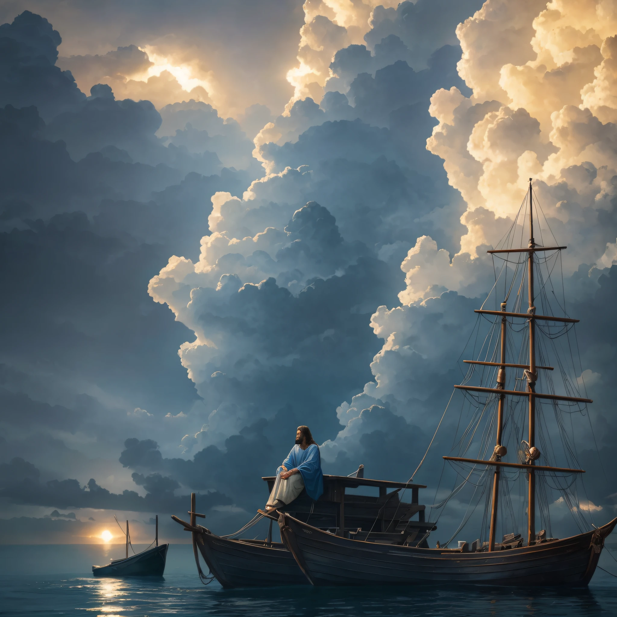 JESUS CHRIST sitting next to an old boat the sea dark photo: realistic epic, soft cinematic portrait, adobe lightroom, photographic lab, highly detailed, faded, art by greg rutkowski and artgerm ,neutral colors: 1,2), (hdr:1,4) , (soft colors:1.2), hyperdetailed, (artstation:1.4), cinematic, warm lights, dramatic light, (intricate details:1.1), complex background, (rutkowski:0.66), (blue and orange:0.4) --auto --s2