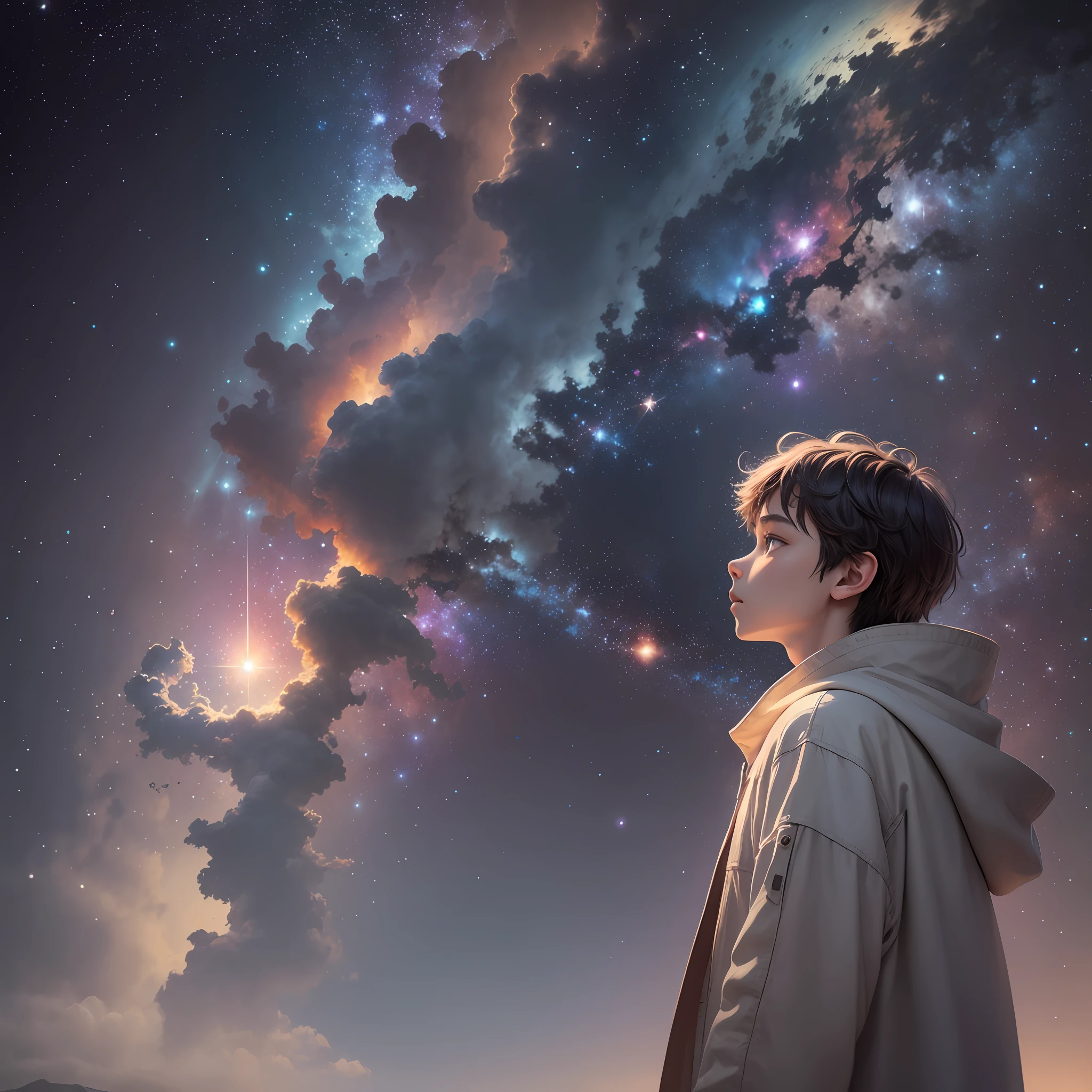 He turned his eyes to the sky. The dots of light with the stars illuminating the dark night reminded him of his inner smallness. Countless galaxies marked the endless expanse of the universe, imprinting a magnificent cosmic presence in his mind. A cosmic whisper that could not be heard faintly reached his ears, reminding him of his existence as part of the universe's mysterious existence. He just stood there, overwhelmed by the grandeur of the universe and his own smallness. --auto --s2