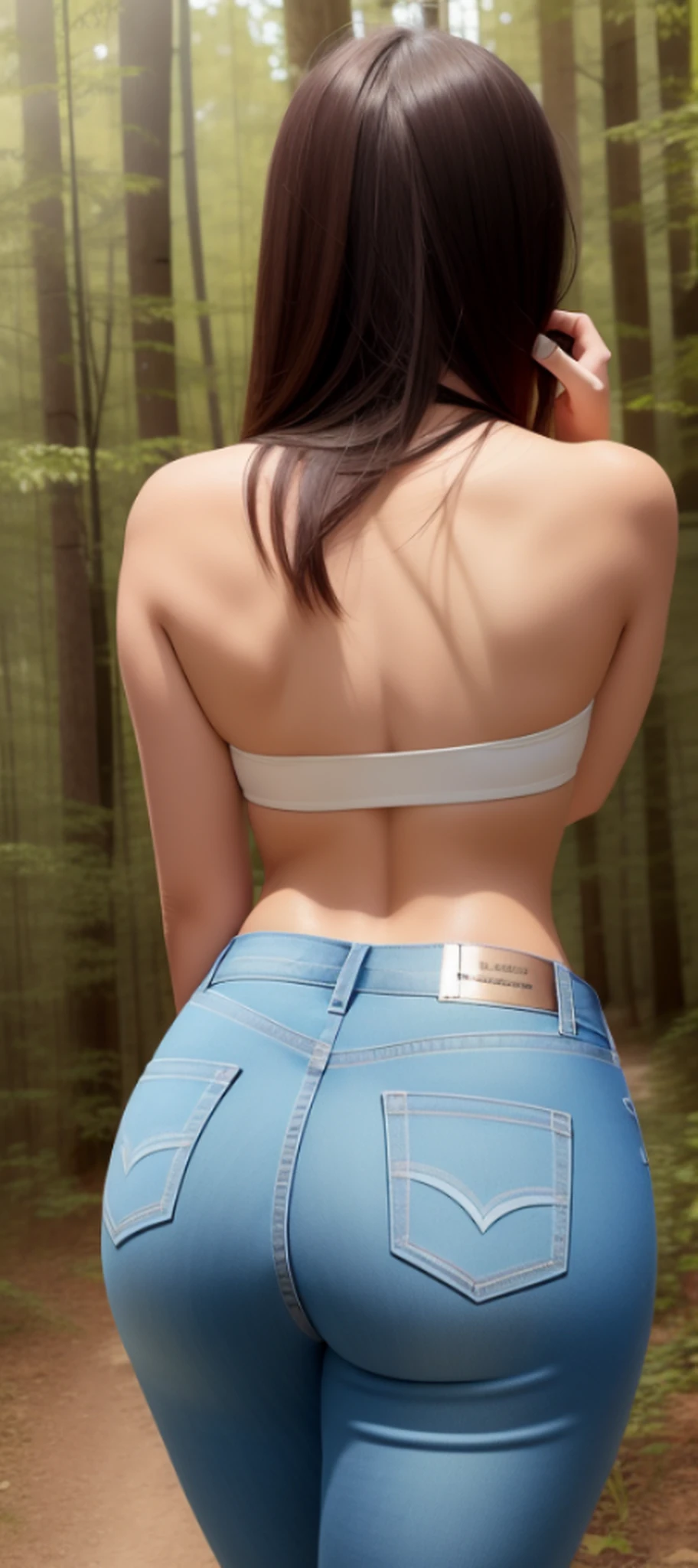 there is a woman in a mask and shorts standing in the woods, back - shot, reluvy5213, backview, shapely derriere, white pants, backshot, shot from behind, rear-shot, back pose, white leggings, breeches, ( ( ( wearing jeans ) ) ), looking from behind, ad image, real photo
