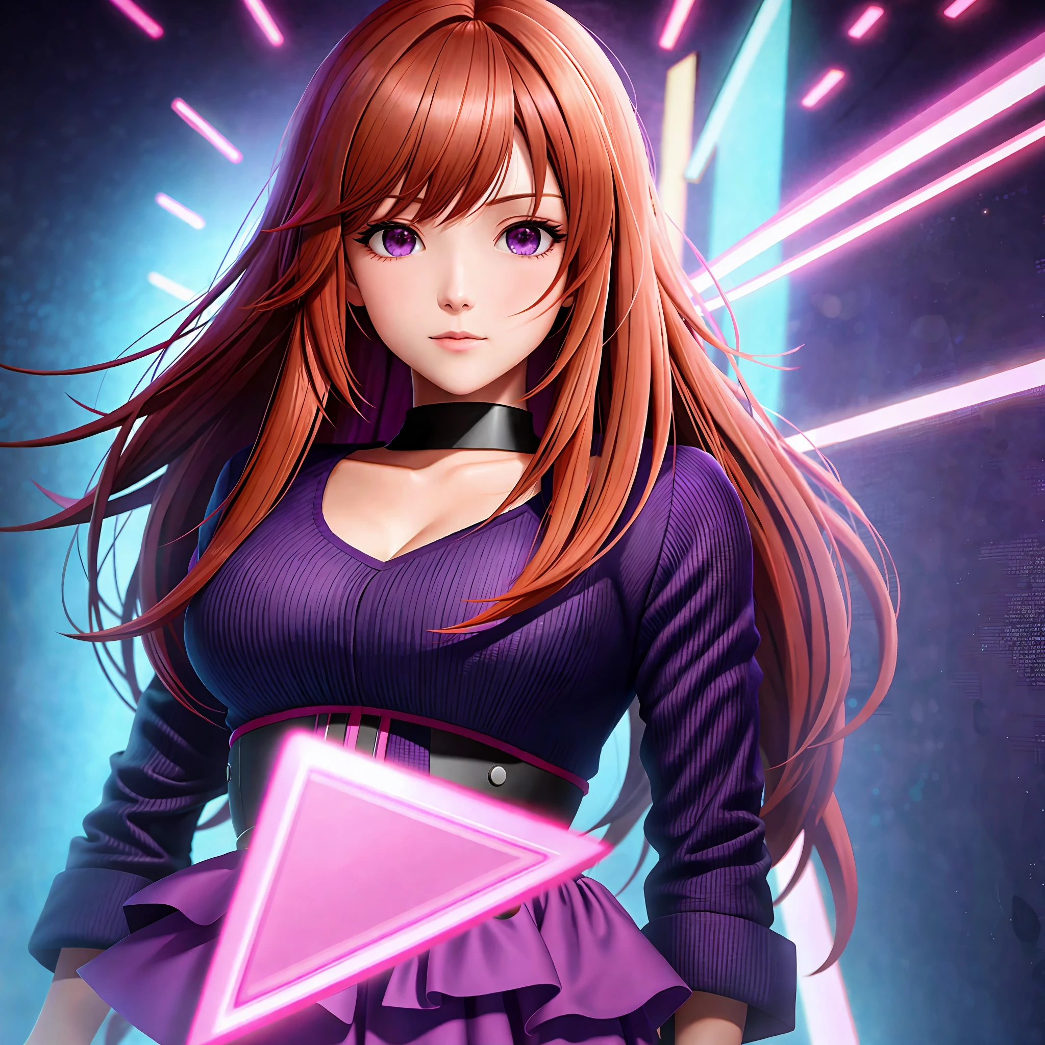 anime girl, redhair with bangs, purple background, psycho killer