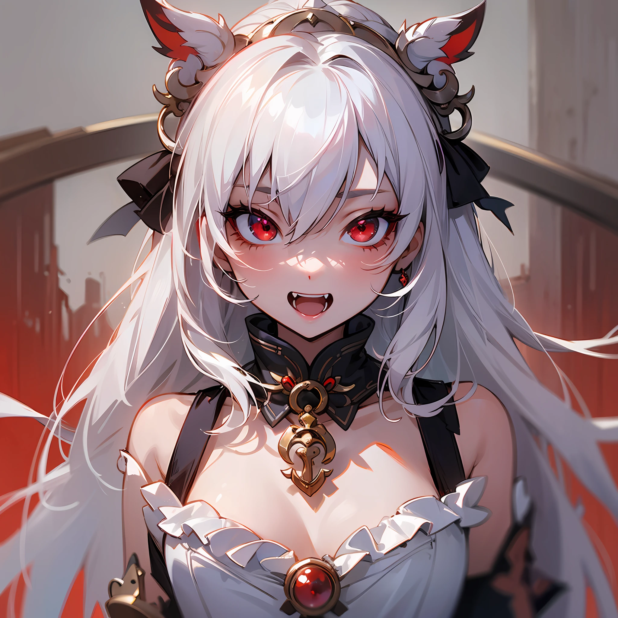 (Masterpiece), high quality, super detailed, white-haired girl, red eyes, zhi fangs, cute, eb natural, sweet, pin small chest, half