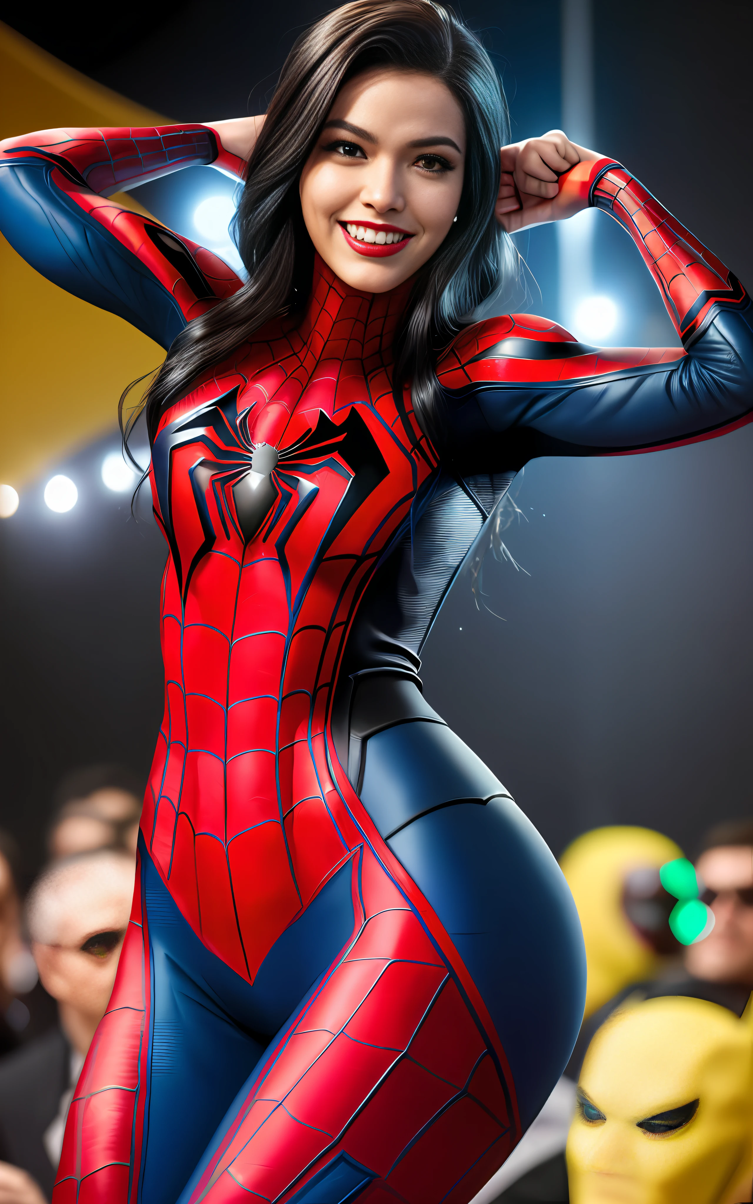 16k image, ((Belicima Woman/Spider-Man/Zombie/Batman/Samus Aran)), she's at a Super Heros event is landing for photographs, giving a beautiful smile.