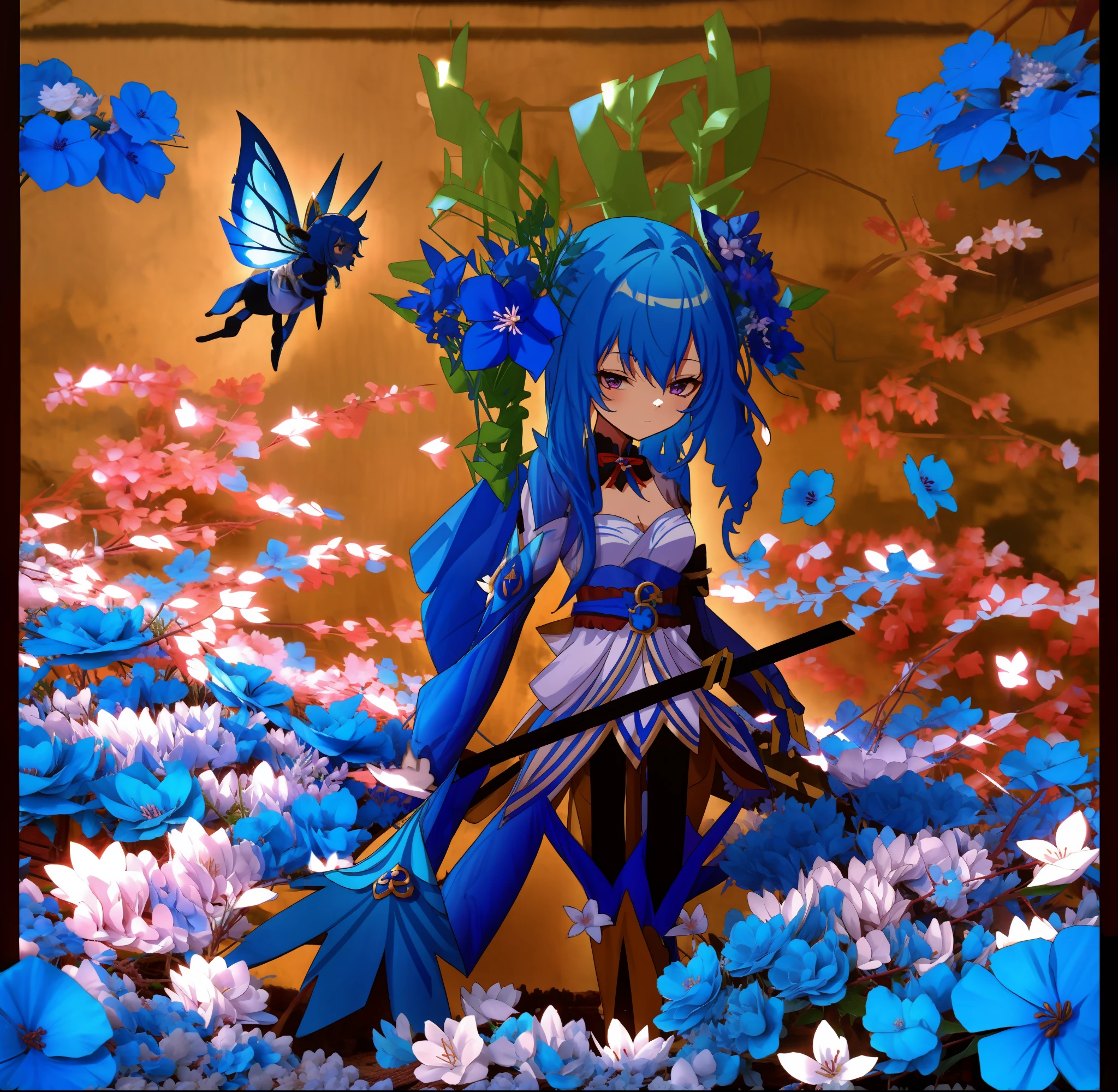 Anime girl with blue hair and a blue bee and flowers, pixie character, elf girl wearing a flower suit, stylized anime,themed clothes, fey queen of summer forest, high quality