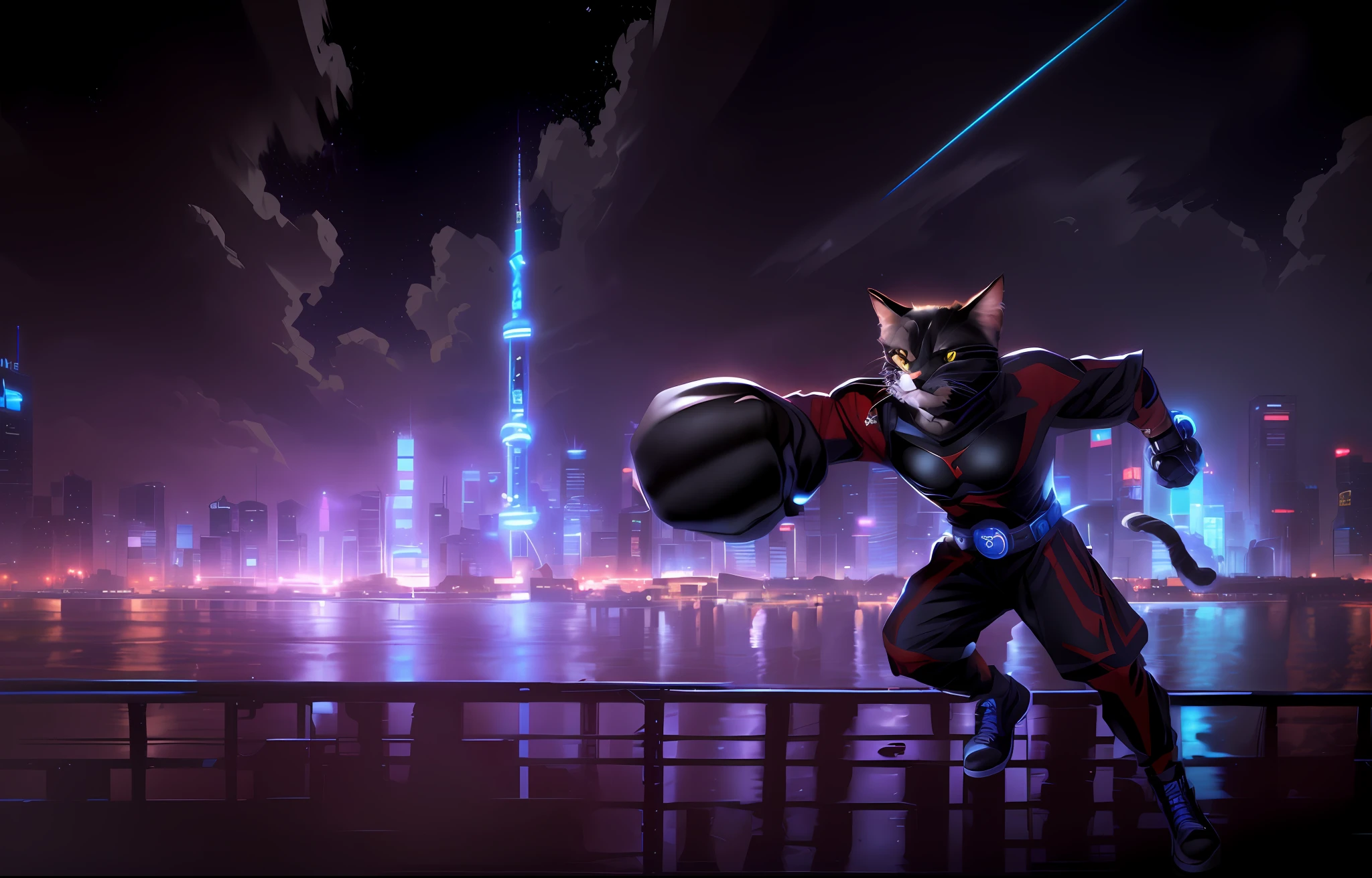 Anime characters with fist holsters, cyberpunk, a punching action, toned figure, cat, wallpaper - 1 0 2 4, anthropomorphic cat ninja, boxing cat, dark sky