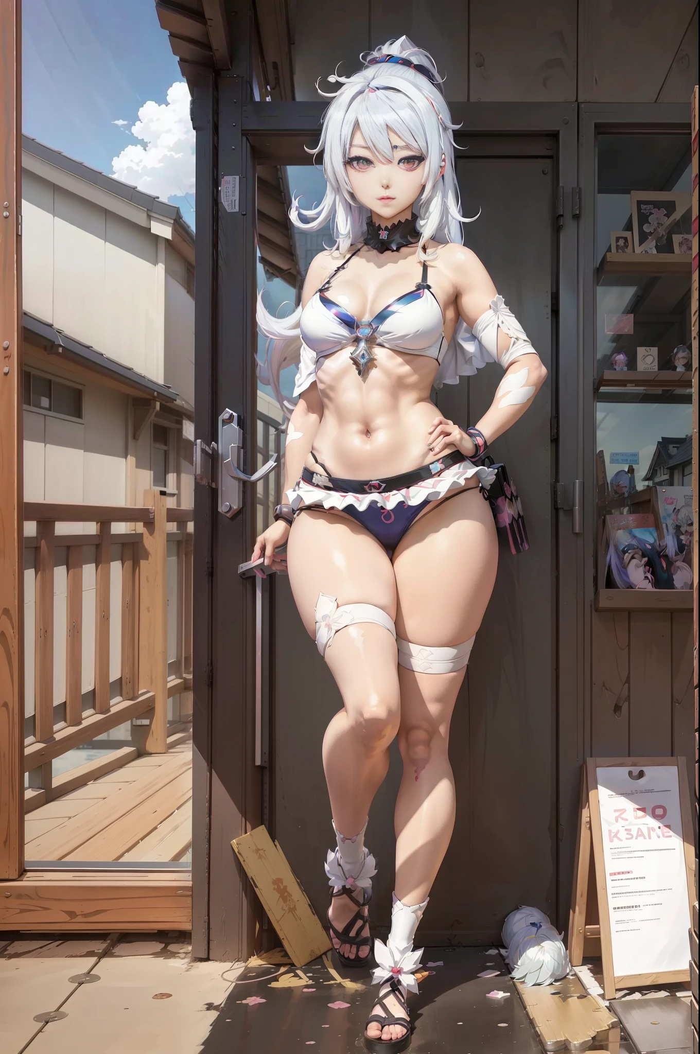 a woman in a bikini top and panties posing in front of a window, seductive anime girl, white haired deity, ayaka genshin impact, hajime yatate, small curvy loli, anime goddess, anime visual of a cute girl, anime moe artstyle, detailed key anime art, detailed anime character art, official anime artwork, beautiful alluring anime teen