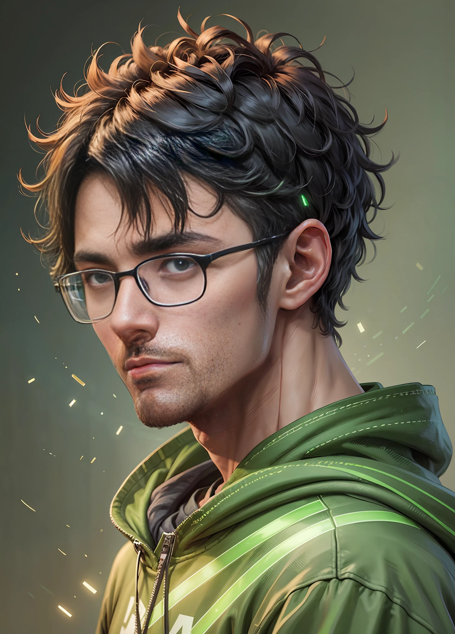 character, a skinny young man wearing glasses and sweatshirt, with dark hair, short hair, lighting details, anime-style with defined strokes, dark background with green lights, 8k, uhd, severe low lighting, high quality, sharp focus, fujifilm XT3 --auto --s2