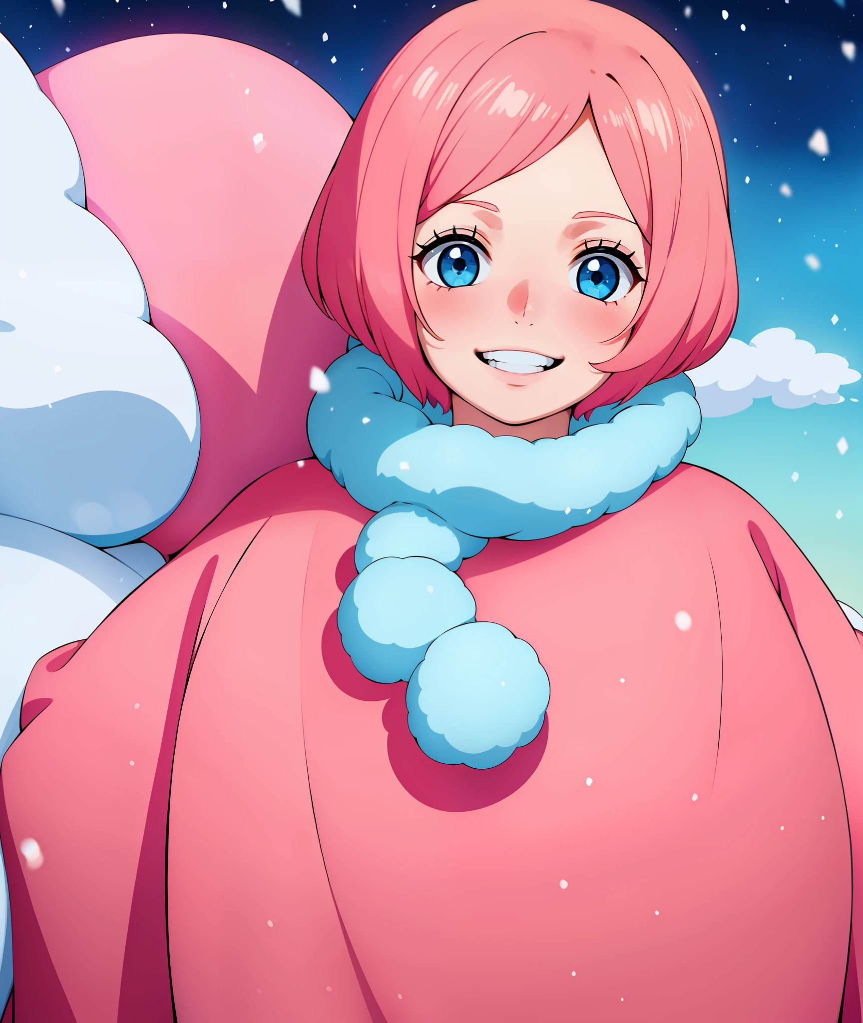 1boy, coral pink hair, short hair, blue clothes, blue eyes, happy, short, smiling, winter, snow, blushing