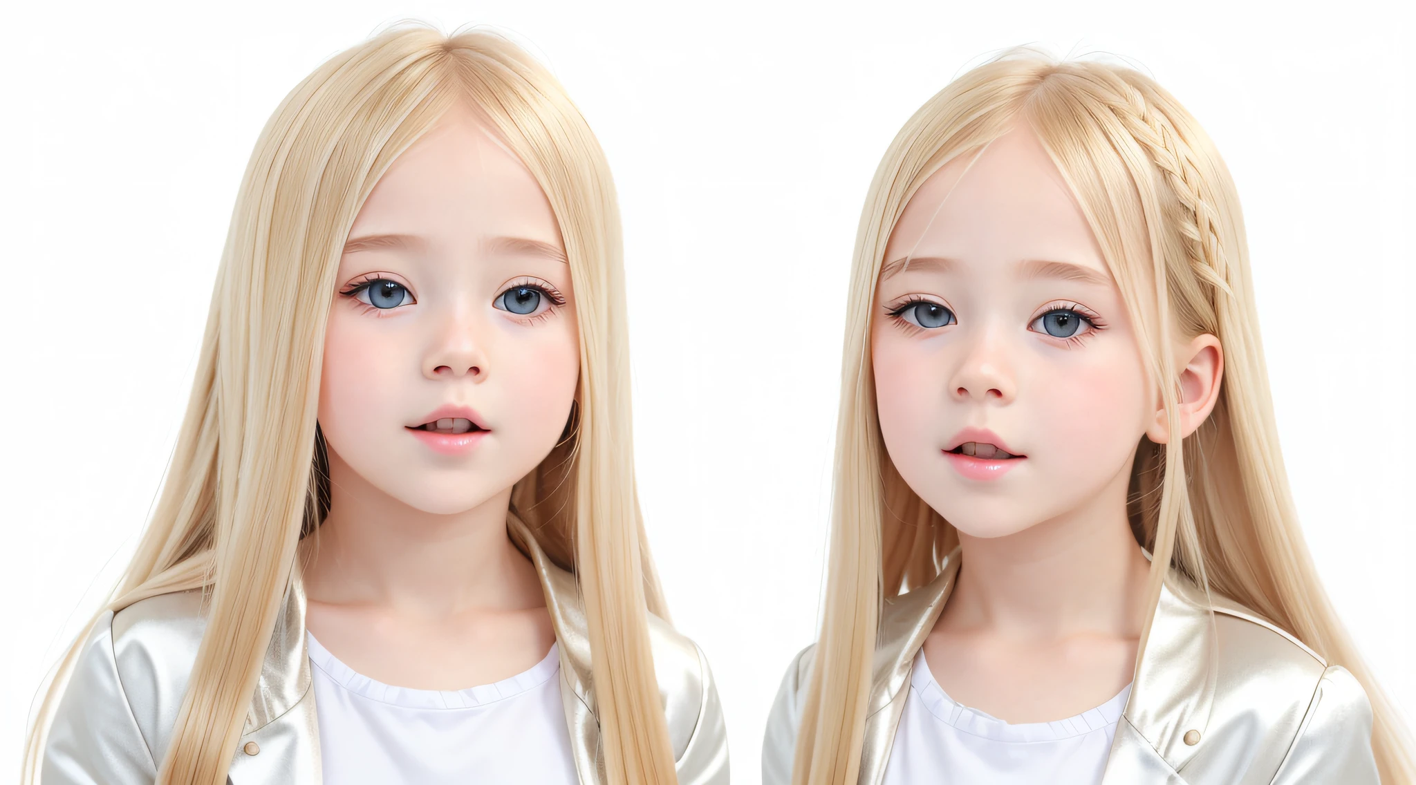 masterpiece, best quality, realistic, girl child hair BLONDE, long hair, SILVER JACKET, broad shoulders, small head, upper body, (white background: 1.3), mouth closed.