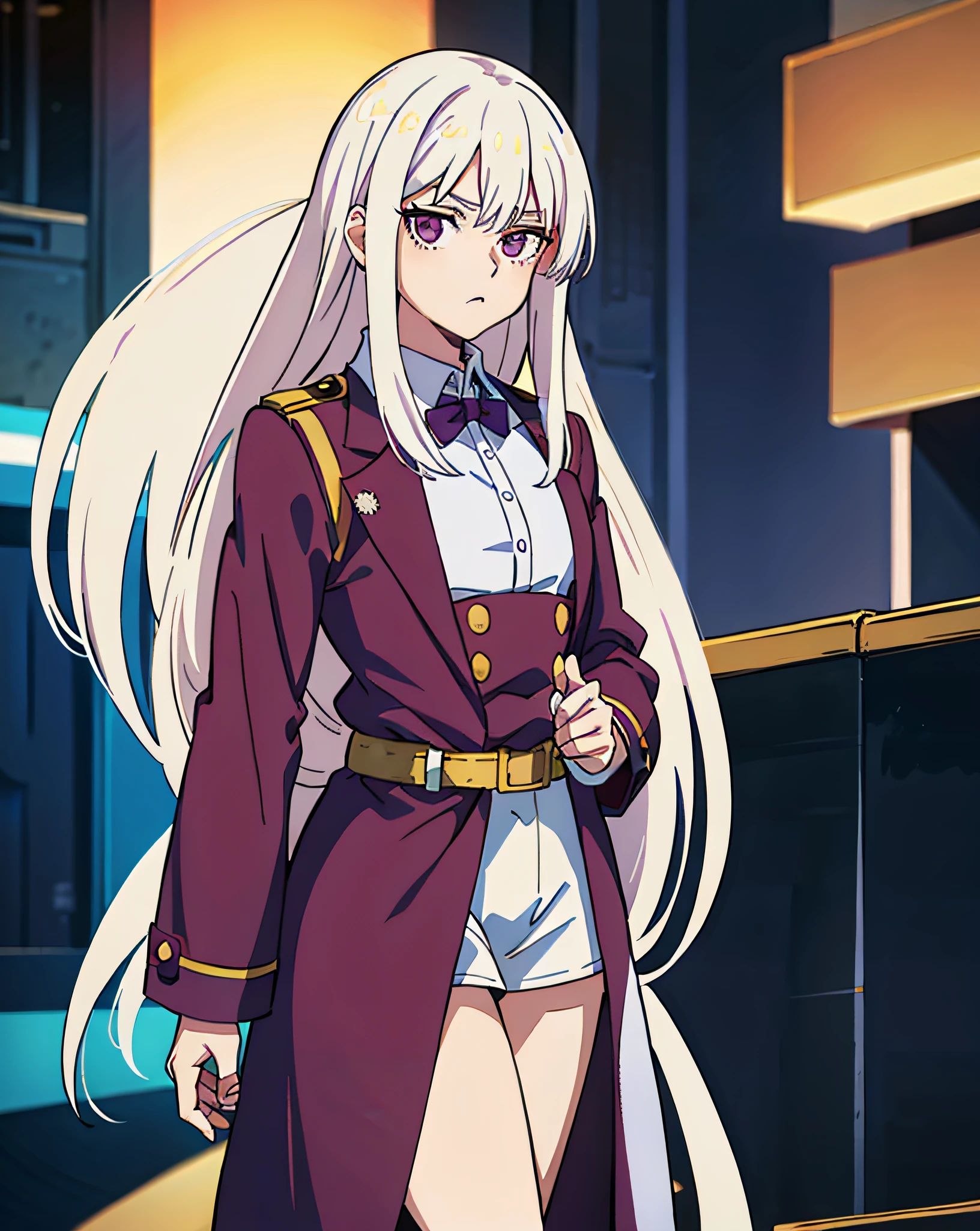 1 woman, 18 years old, height 5' 6", hero, long white hair, white hair, hair fringe between eyes, purple eyes, mature face, small eyes, long clothes, strong body, slightly wide body, slightly thick legs, Horikoshi Kohei style, my hero academy, manga, white background, high quality, masterpiece