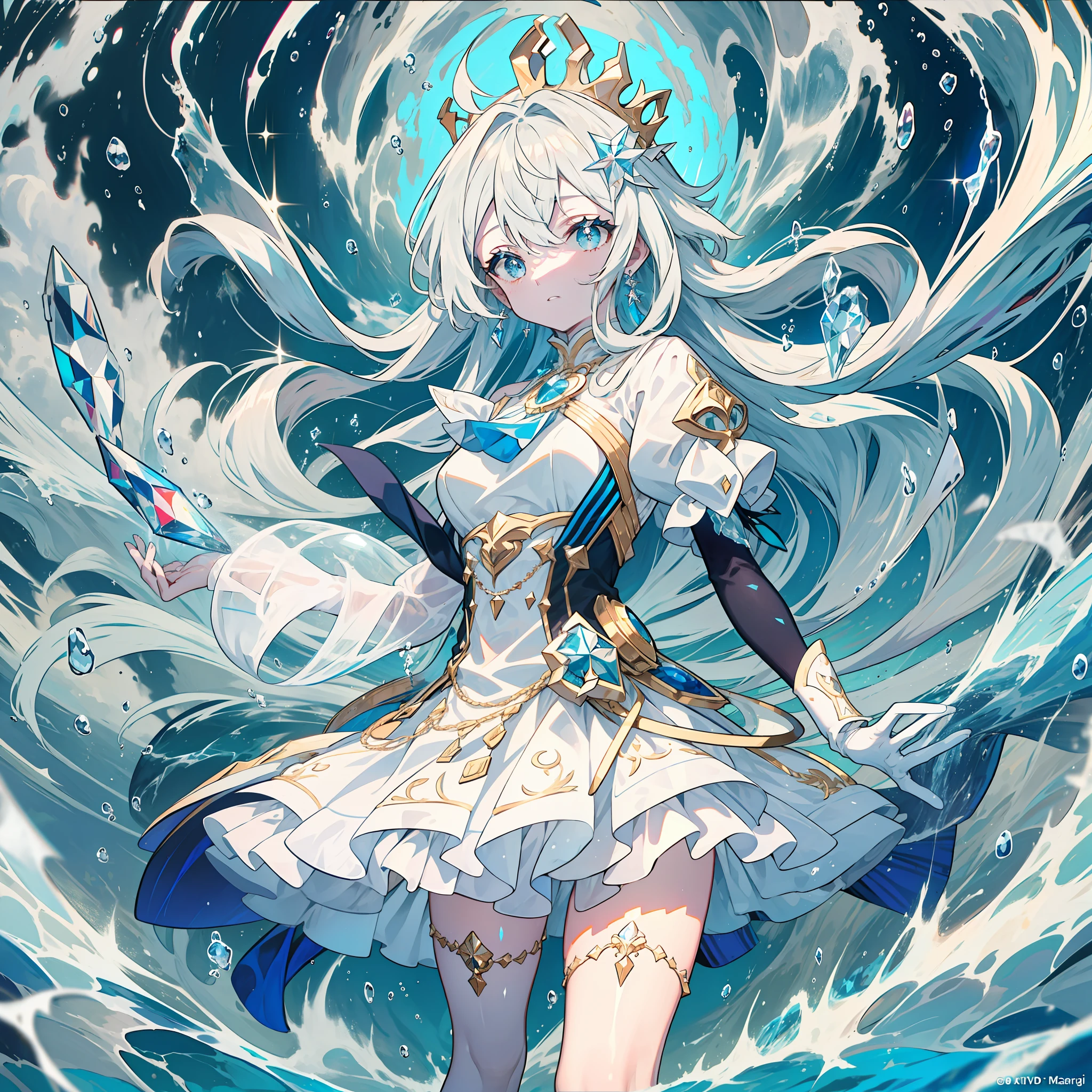 UHD, retina, masterpiece, ccurate, anatomically correct, super detail, high details, high quality, award winning, best quality, highres, 1080P, HD, 4K, 8k, 16k, White long hair, light blue eyes shimmering, ahoge, hand out, floating spike of ice in hand, Ice crown, Fluffy white dress, mini skirt frilly and short, sleeve lest, white elbow high gloves