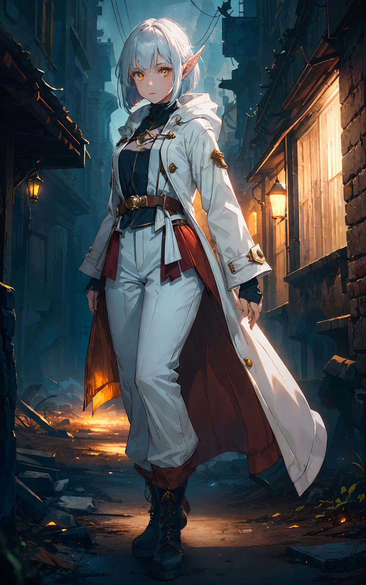 (1girl, solo, full height:1.5) award-winning photography, girl (elven ears, young, sweet face: 1.1), thin, fragile, straight hair, disheveled hair, (white coat with red accents, killer-style coat, fantasy (pants), boots), adventurer's clothes, glowing eyes, (gray hair: 1.2), (bob haircut), (yellow eyes), (using dark magic: 1.2), posing in a dark city ruins, (rim lighting, :1.4) Two-color lighting, sharp focus, octane, unreal, dimly lit, restrained,