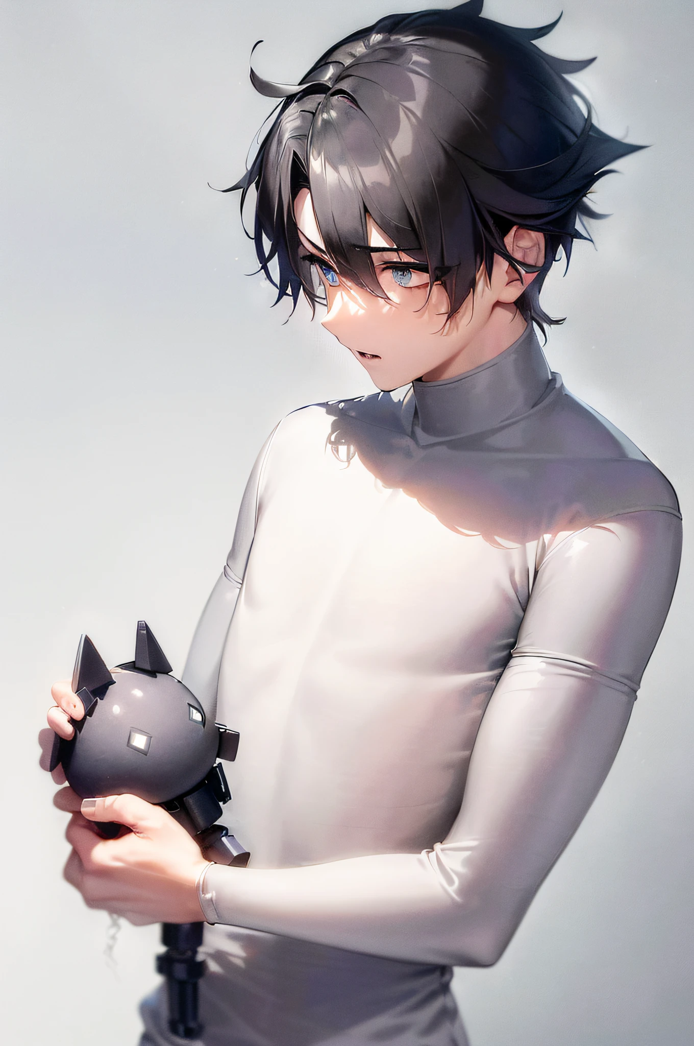 ((A male:1.5)), ((boy:1.5)), first-person view, upper body, cold light, viewfinder, bokeh, blue_eyes, (gray clothes:1.2),  (holding a dog robot toy:1.2), hair_between_eyes, (Zaffre eyes color:1.1), (flat chest:1.5), (hair pulled back:1.5), (evil:1.2), (gray shirt:1.5), looking_at_viewer, male_focus, short_hair, (the idealism of the future world:1.2), (clean background trending:1.5), rain, wet hair, styled with a captivating hairdo, accentuated with bangs and hair between eyes,  highlighting his distinctive and stylish black and short hair, this dynamic composition expertly showcases his strong male focus, in a manner that captivates and intrigues viewers