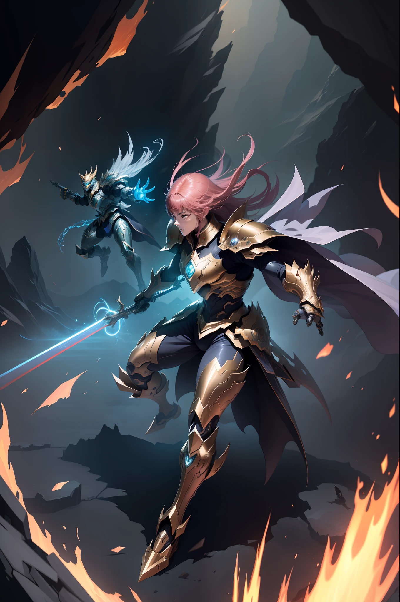 "high-quality masterpiece illustration of dynamic 群雄逐鹿, featuring floating characters in high-resolution and dynamic poses, with intricate armor designs and weapons, set in an epic, otherworldly environment, with cosmic lighting effects, sharp shadows, and dramatic chromatic aberration, all inspired by Cavaleiros do Zodíaco anime."