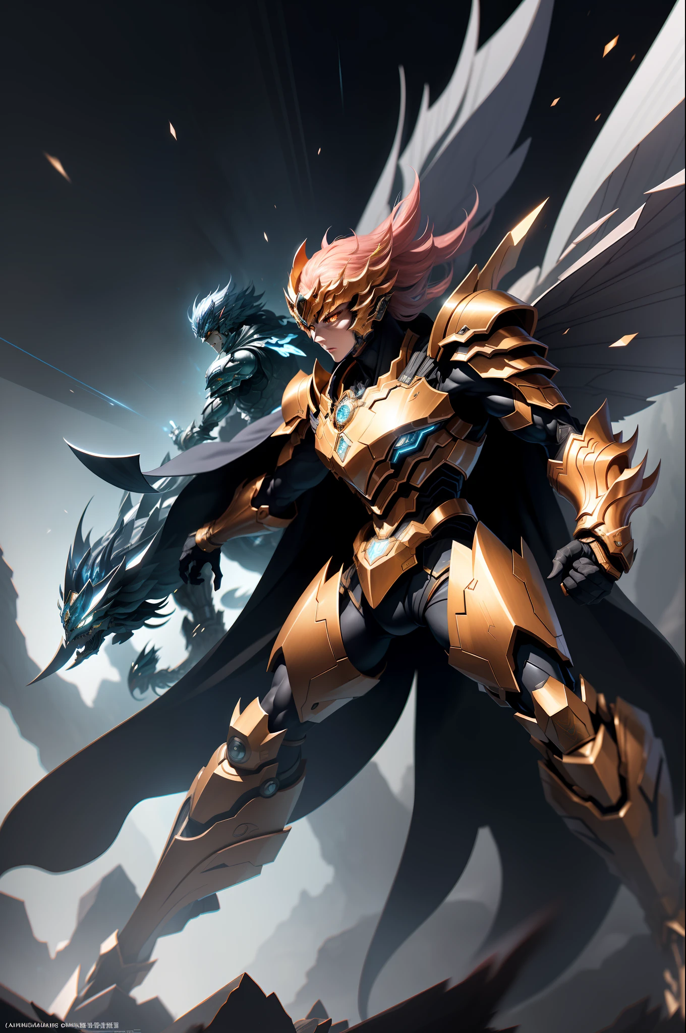 "high-quality masterpiece illustration of dynamic 群雄逐鹿, featuring floating characters in high-resolution and dynamic poses, with intricate armor designs and weapons, set in an epic, otherworldly environment, with cosmic lighting effects, sharp shadows, and dramatic chromatic aberration, all inspired by Cavaleiros do Zodíaco anime."