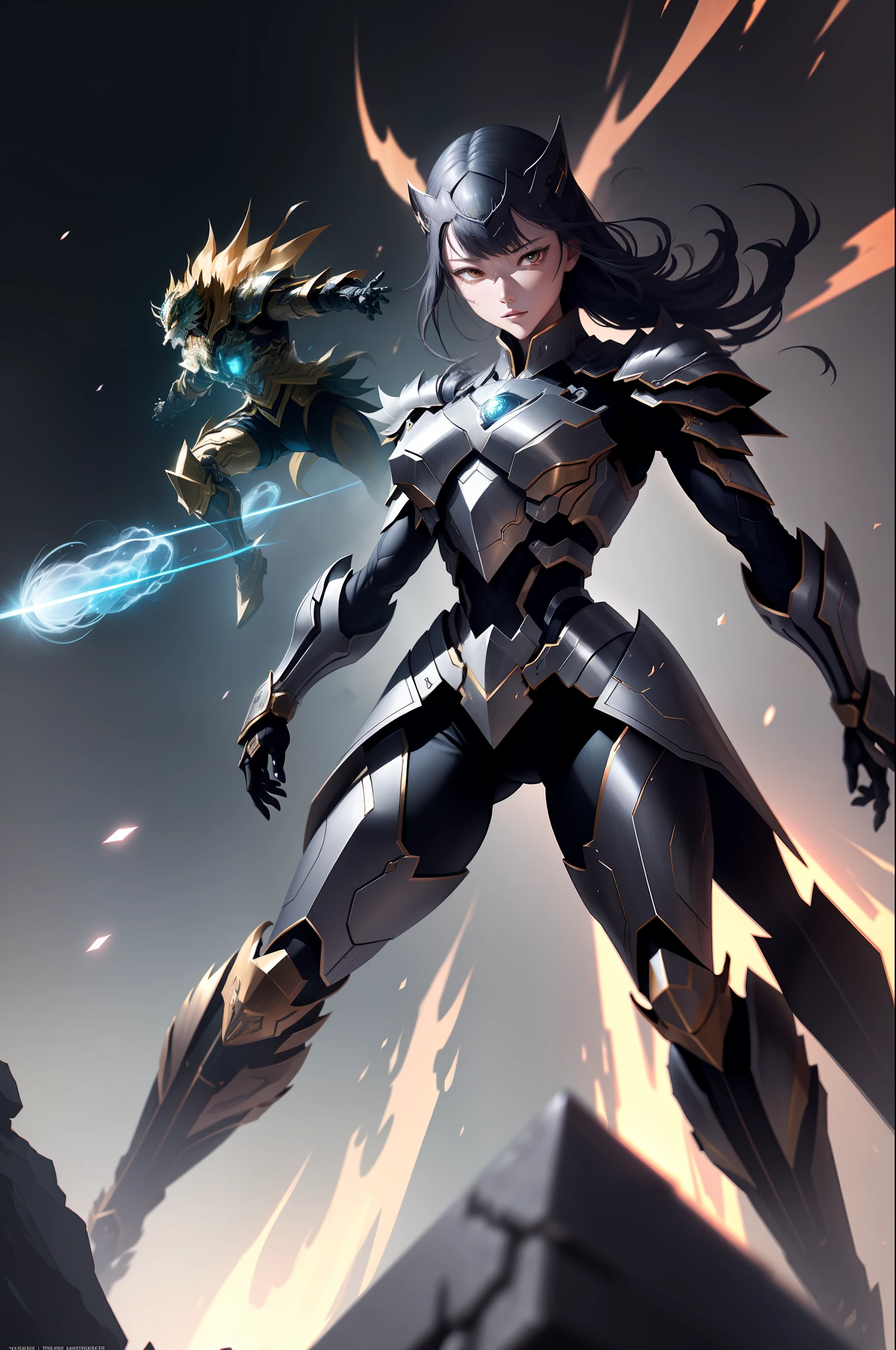 "high-quality masterpiece illustration of dynamic 群雄逐鹿, featuring floating characters in high-resolution and dynamic poses, with intricate armor designs and weapons, set in an epic, otherworldly environment, with cosmic lighting effects, sharp shadows, and dramatic chromatic aberration, all inspired by Cavaleiros do Zodíaco anime."