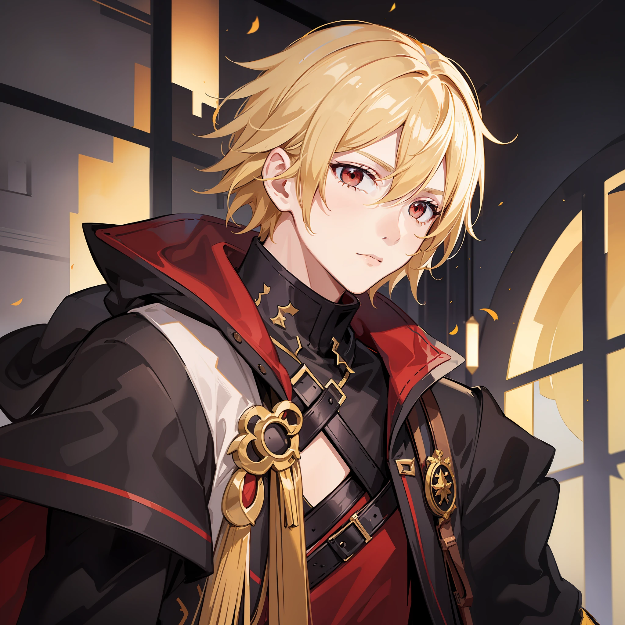 1 home, Jaune Arc, pale blonde hair, calm red eyes, Black coat and dorado, Red spears floating On top of him,