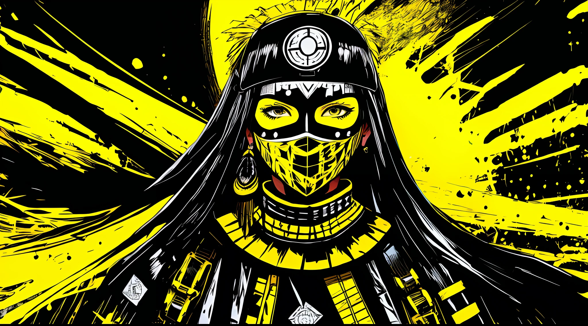yellow and black, masked indigenous woman, in the style of Mork Borg, strong contrast, grunge dirty punk splash art, zine black metal, colorful splash background