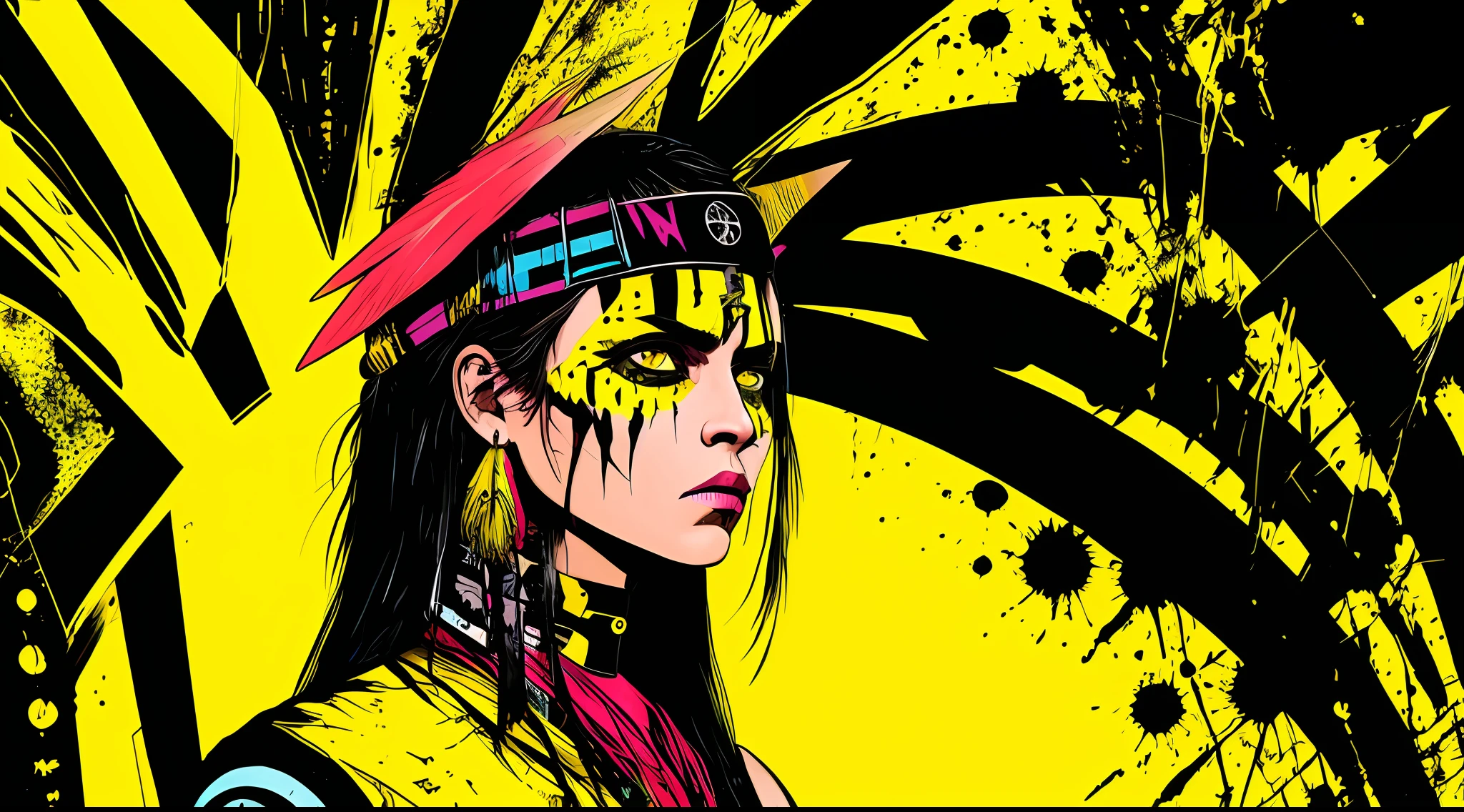 yellow and black, indigenous warrior woman, in the style of Mork Borg, strong contrast, grunge dirty punk splash art, zine black metal, colorful splash background