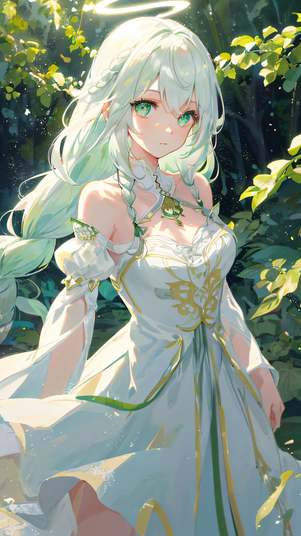 Masterpiece, Superb Illustration, 1girl, Cute, (Dynamic Light: 1.2), Cinematic Light, Delicate Facial Features, Detailed Eyes, Sharp Pupils, Realistic Pupils, (Bright Green Eyes: 1.233), (Glowing Eyes: 1.233), Waterfall Braids, Super Long White Hair, Depth of Field, Background Blur, Clear Focus, (Ultra Detailed, Halo, Glow: 1.4), long white hair, light green at the end of the hair, beautiful girl's face, plump fair breasts, (bare shoulders: 1.1), (nude: 1.1), dress, trimmed white, delicate and gorgeous, (split sleeves, wide sleeves), nahida_genshin,