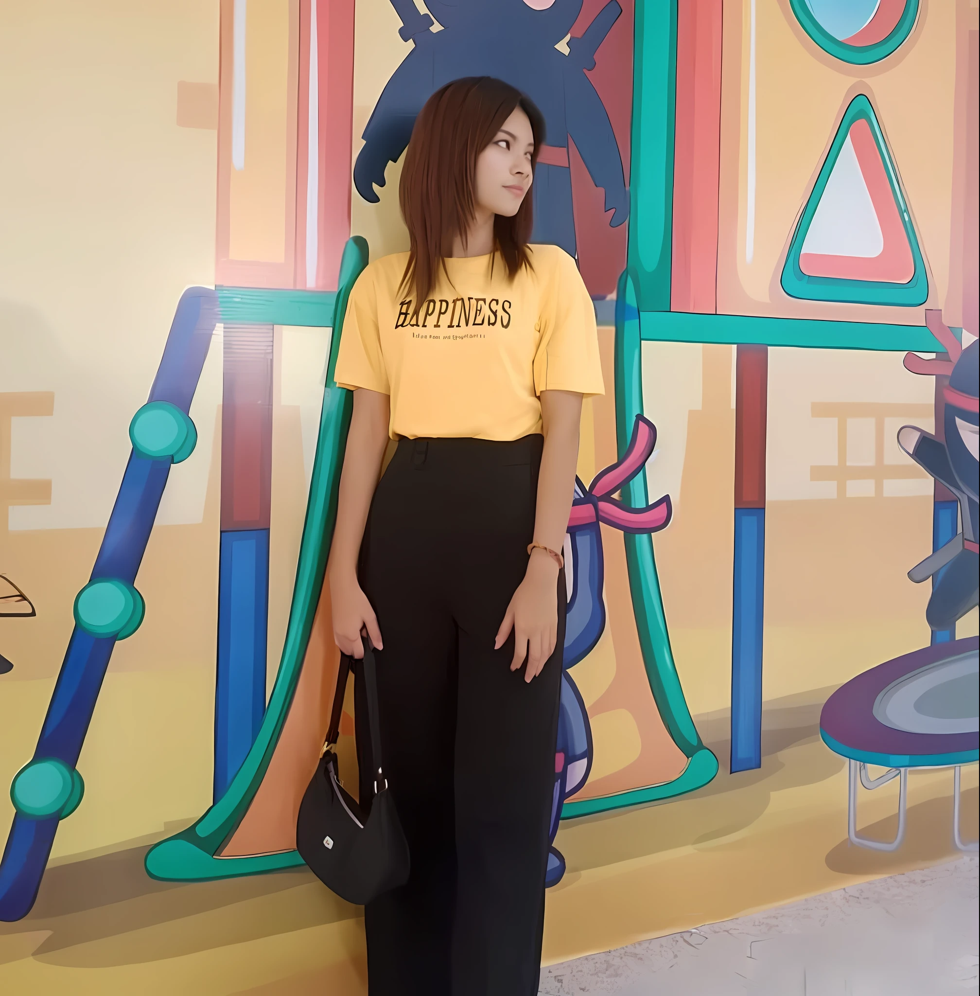 there is a woman standing in front of a wall with a painting, wearing a modern yellow tshirt, wearing yellow croptop, yellow and black, yellow clothes, she is wearing streetwear, graphic tees, simpsons style, inspired by JoWOnder, black and yellow, yellow backdrop, inspired by Pia Fries, on a yellow canva, style simpsons