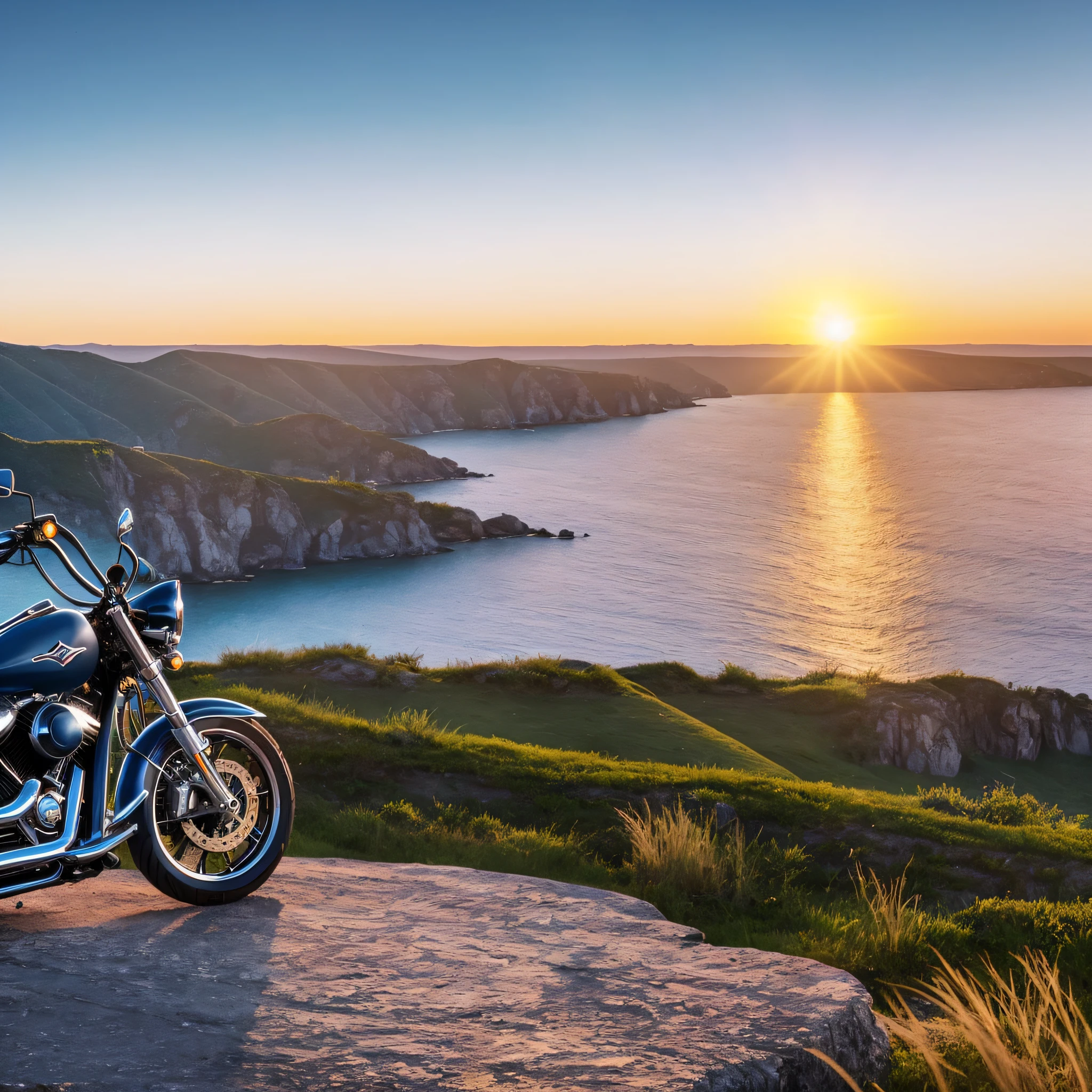 an amazing view from a cliff, sunset, light and shaddow realistic, harley motorbike highly detaled, cinema perspective, nature, --auto --s2