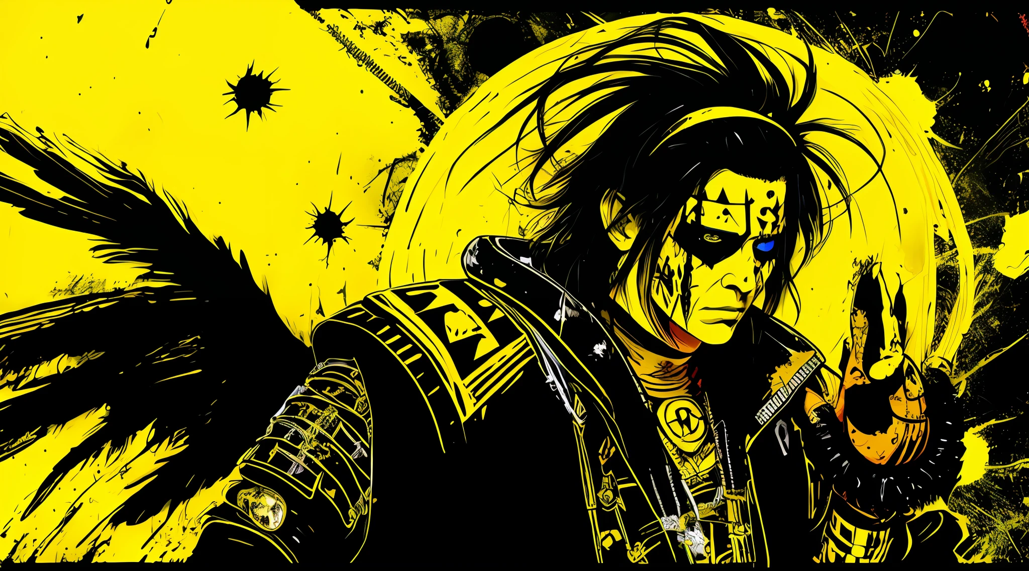 yellow and black, indigenous sorcerer, in the style of Mork Borg, strong contrast, grunge dirty punk splash art, zine black metal, colorful splash background