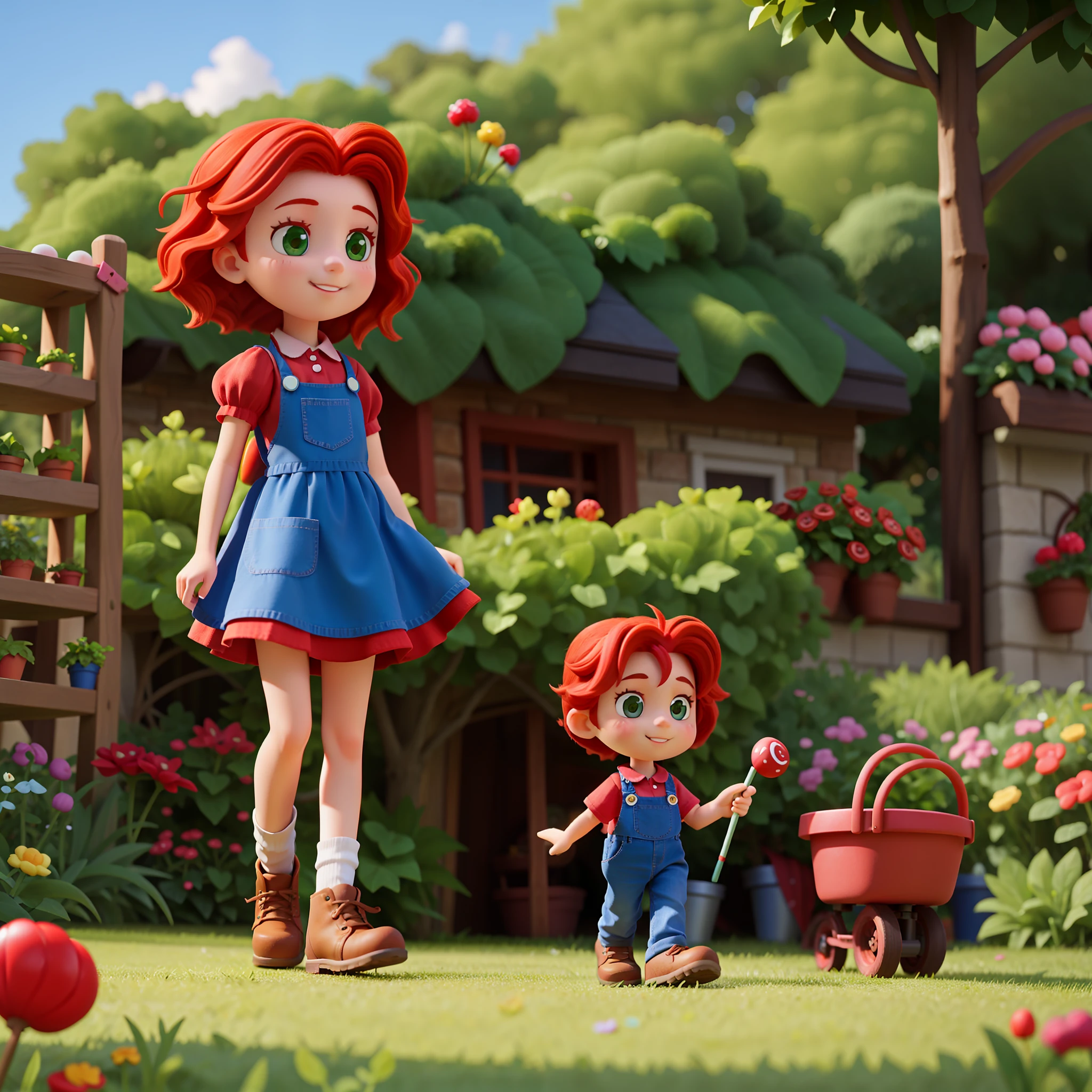 Little red-haired girl wearing a gardener, in a world of candy, cartoonish, hyper-detailed, cute