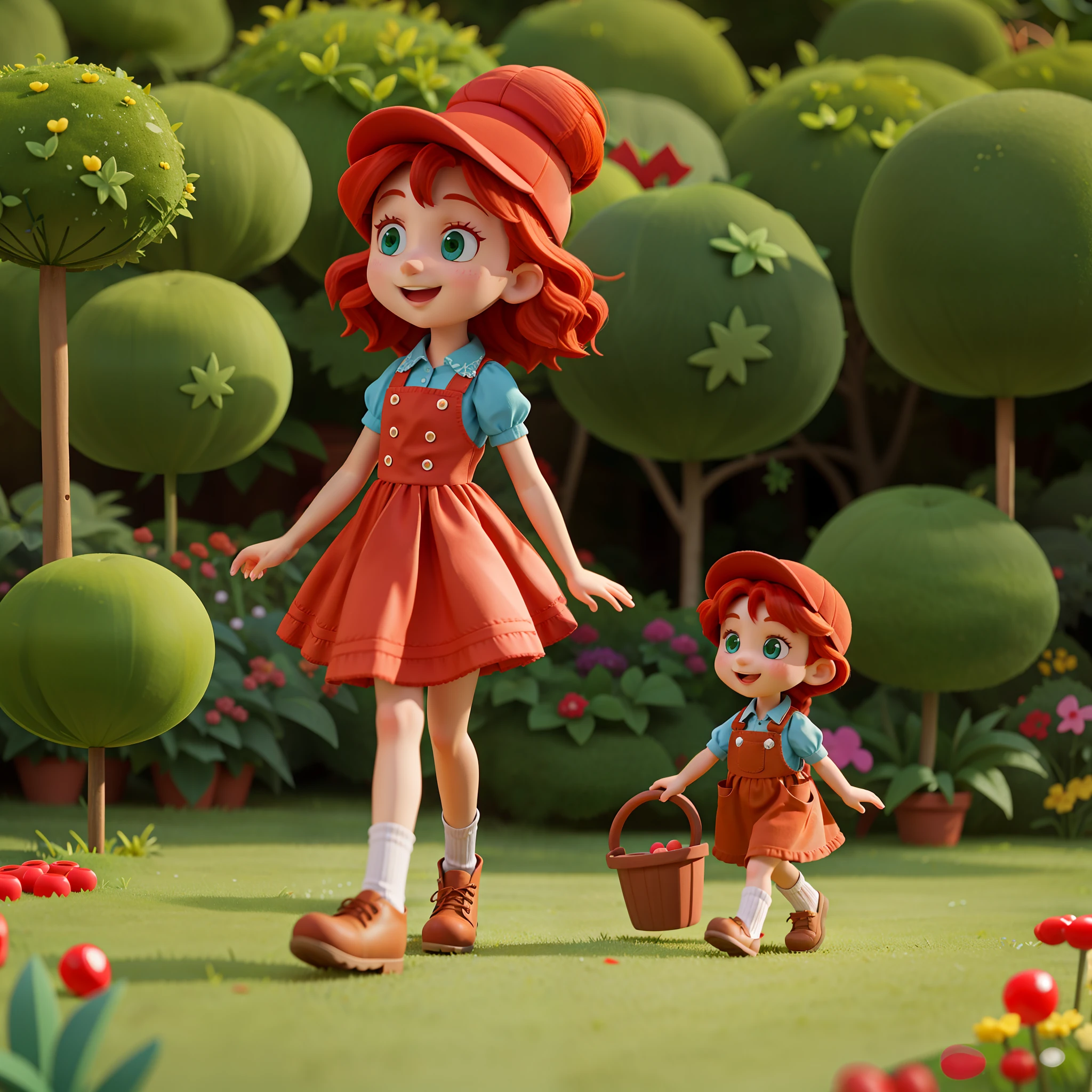  red-haired girl wearing a gardener, in a world of candy, cartoonish, hyper-detailed, cute