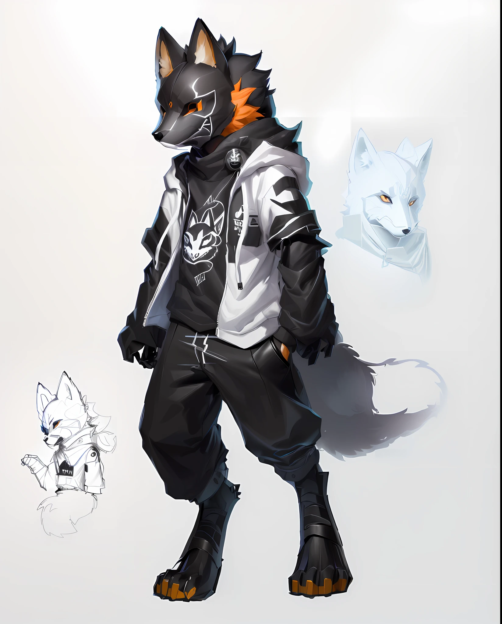 Drawing of a fox in a sweatshirt and black cropped pants, fox mask, fox letter, human fox, detailed full body concept, full body committee, full body character design, forsona committee, full body character concept, full body concept, fox inspired armor, character can be adopted, ((character concept art))