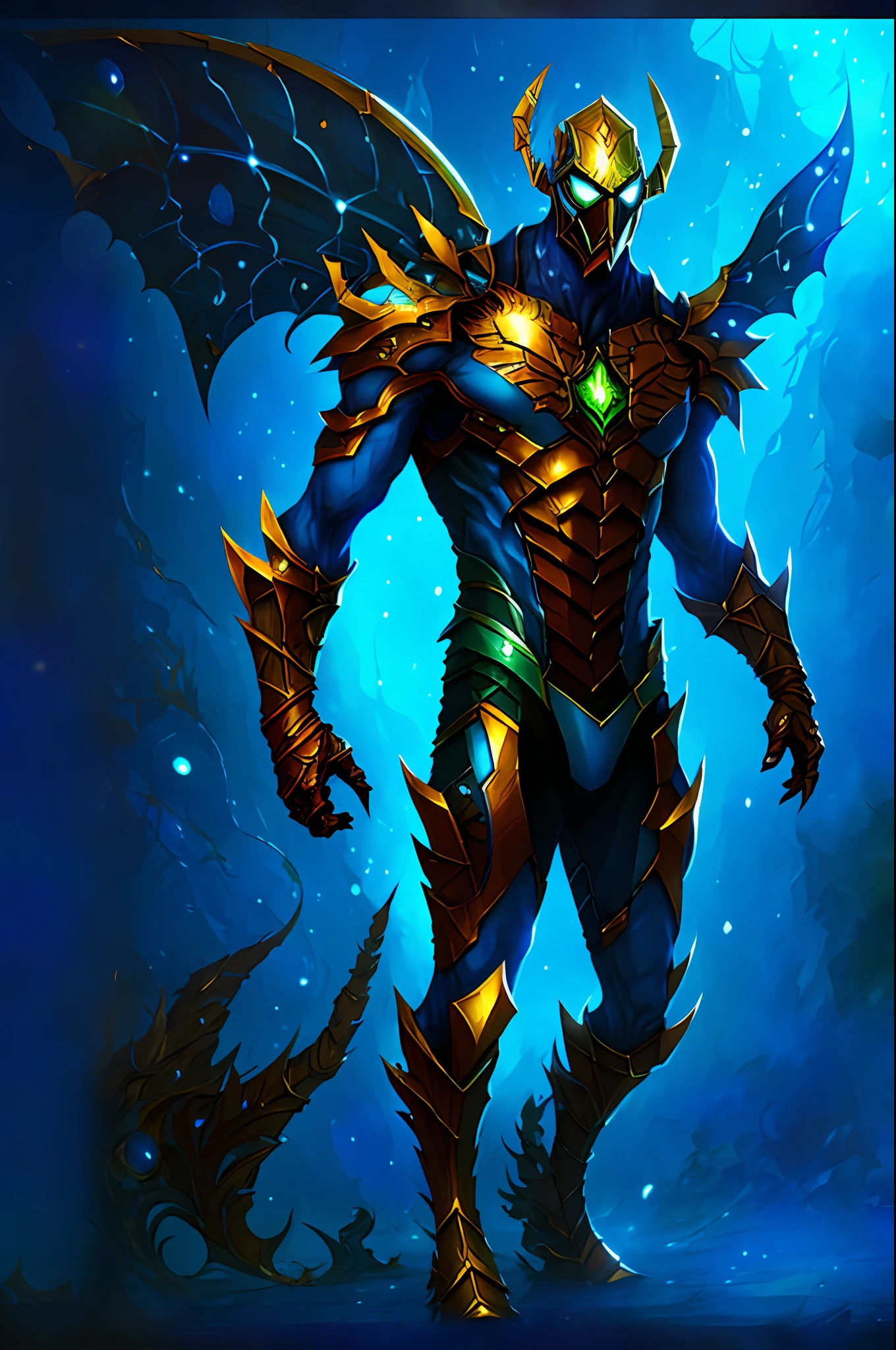 Insectoid man, blue, League of Legends concept art, Riot game concept art, League of Legends character art, League of Legends art, League of Legends splash art, League of Legends splash art, League of Legends style art, iconic character splash art, League of Legends