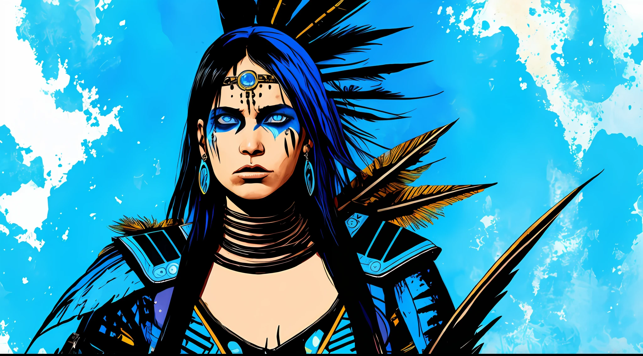 blue and black, indigenous warrior woman, in the style of Mork Borg, strong contrast, grunge dirty punk splash art, zine black metal, colorful splash background