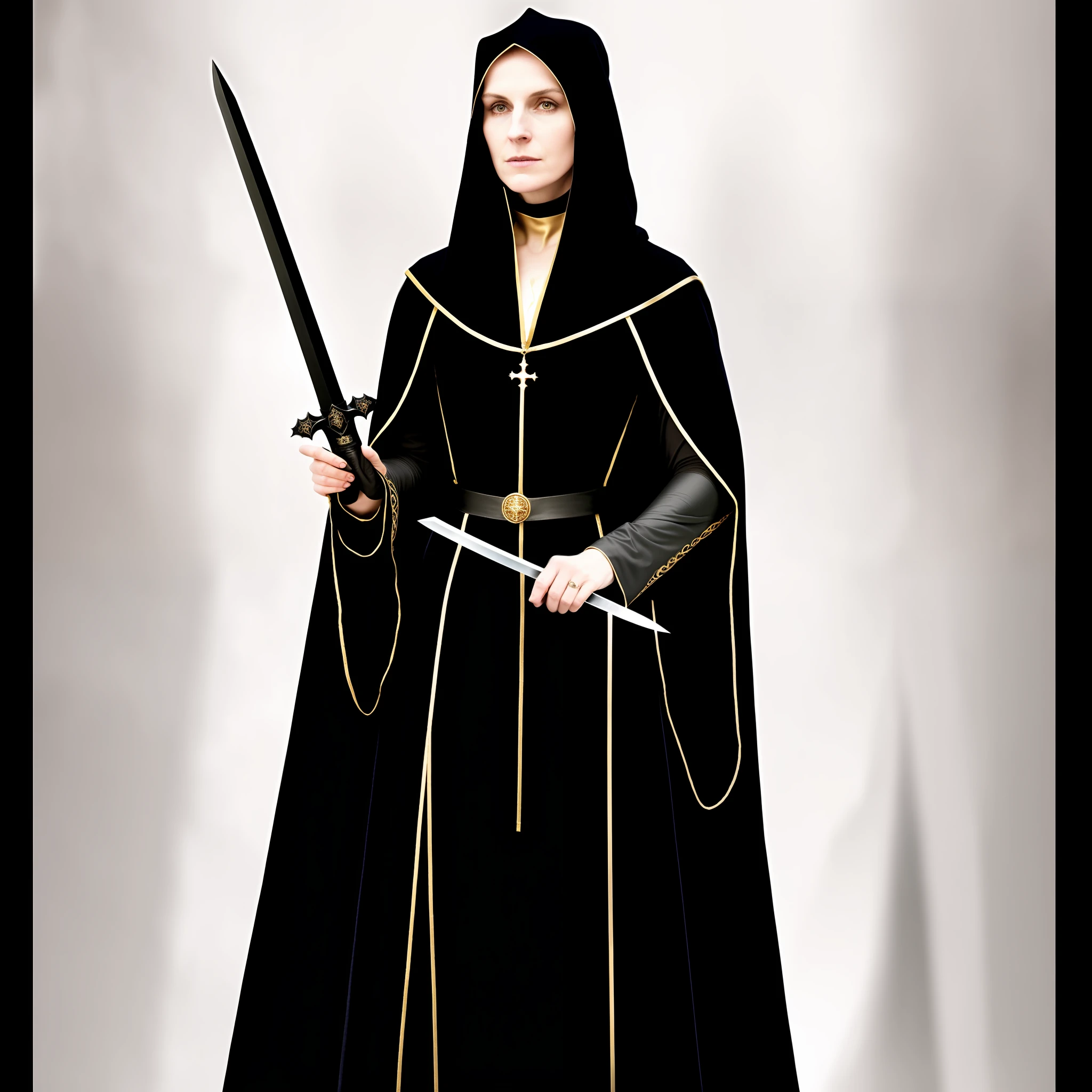 there is a woman dressed in a black robe holding a sword, in dark robes with gold accents, granny weatherwax, inspired by Master of the Legend of Saint Lucy, woman in black robes, wearing black medieval robes, nun fashion model, nun, wearing dark robe, an evil nun, wearing a black cloak, nun outfit, wearing in black cloak, morgana