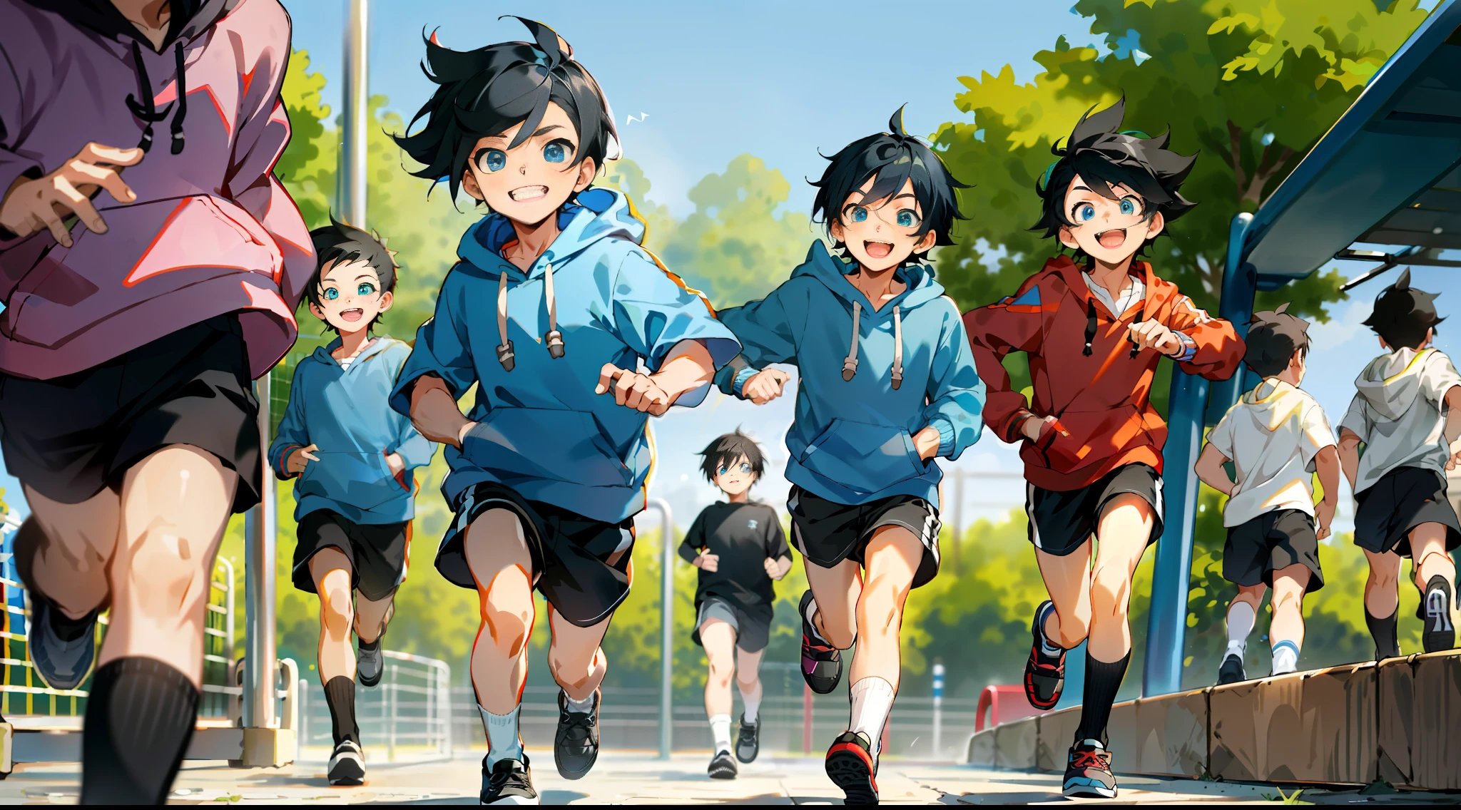 HD picture, children's youthful style, animated face appearance, strong and vibrant blue eyes, playground background, other children in the background, several boys with different hairstyles and different clothes, 1 Bob hairstyle boy wearing slim hoodie and knee socks, shorts, happy micro-back, black shoes, depth of field, running dash.