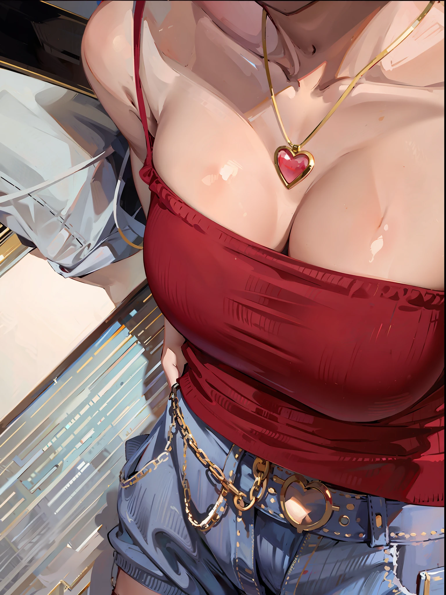 Woman in red top and jeans, wearing gold necklace, bralet, low-cut top, wearing low-cut vest, wearing red vest, open-chested V-chest shirt with navel exposed, red bra, wearing gold chain, wearing bra, wearing gold chain, necklace, big breasts, wearing cute top