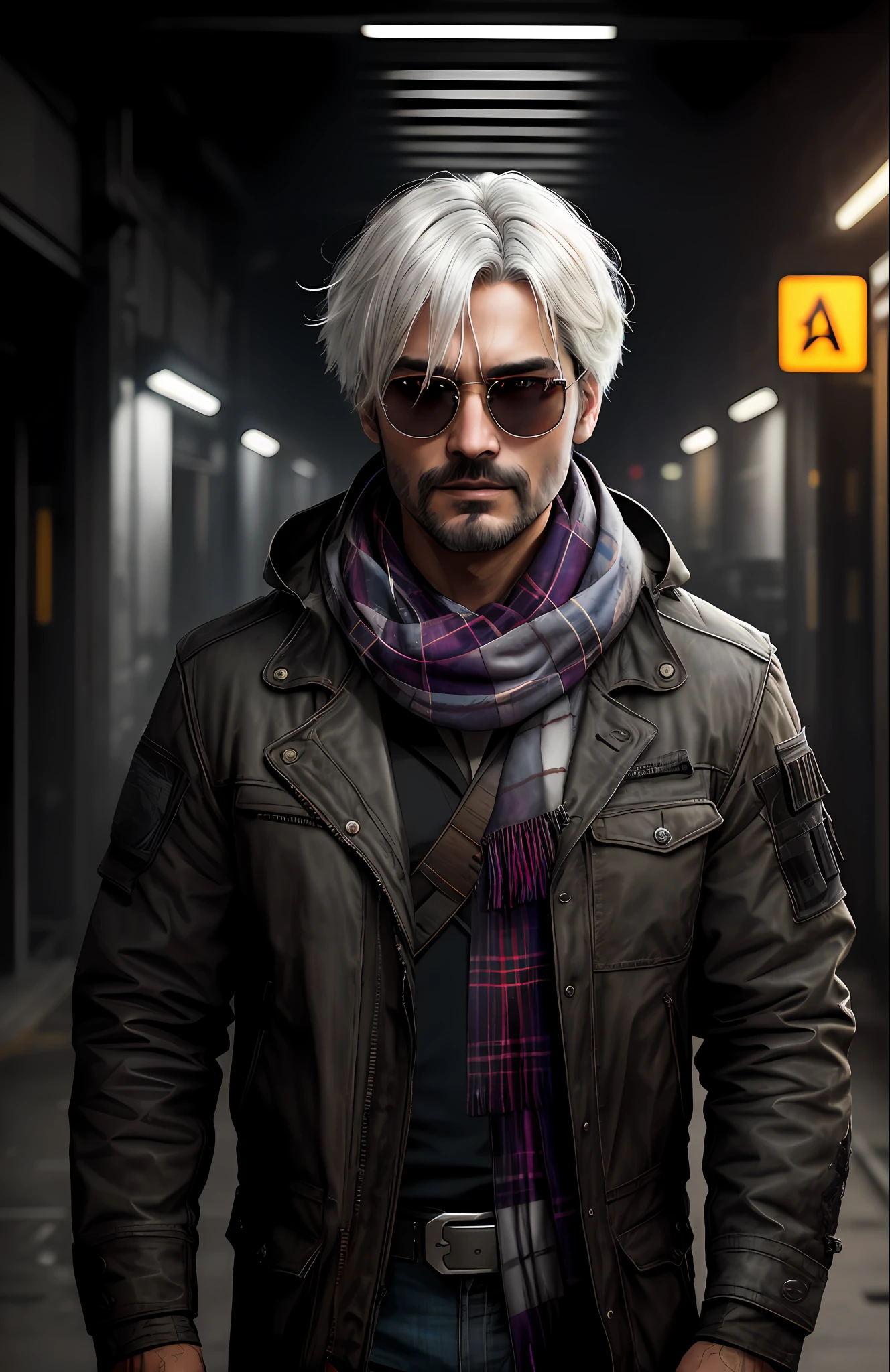 (dark photo: 1.1), realistic epic, halo portrait, sunglasses, blue eyes, plaid scarf, white hair by Atey Ghailan, by Greg Rutkowski, by Lee Jin Wook, yellow gradient, black, brown and magenta color scheme, grunge aesthetic!! Graffiti brand wall background, art by Greg Rutkowski and Artgerm, soft cinematic light, Adobe Lightroom, Photo Lab, HDR, intricate, highly detailed, (depth of field: 1.4), faded, (neutral colors: 1.2), (HDR: 1.4), (soft colors:1.2), hyperdetailed, (Artstation:1.4), cinematic, warm lights, dramatic light, (intricate details:1.1), complex background, (Rutkowski:0.66), (blue and orange:0.4)