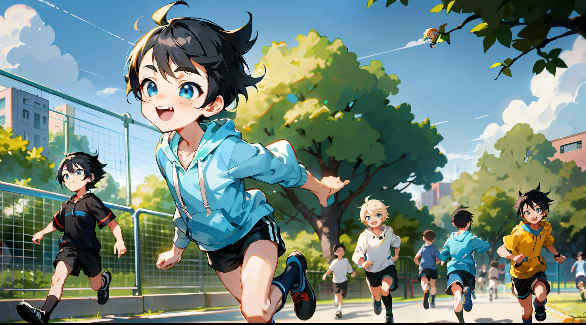 HD picture, children's youthful style, animated face appearance, strong and vibrant blue eyes, playground background, other children in the background, several boys with different hairstyles and different clothes, 1 Bob hairstyle boy wearing slim hoodie and knee socks, shorts, happy micro-back, black shoes, depth of field, running dash.
