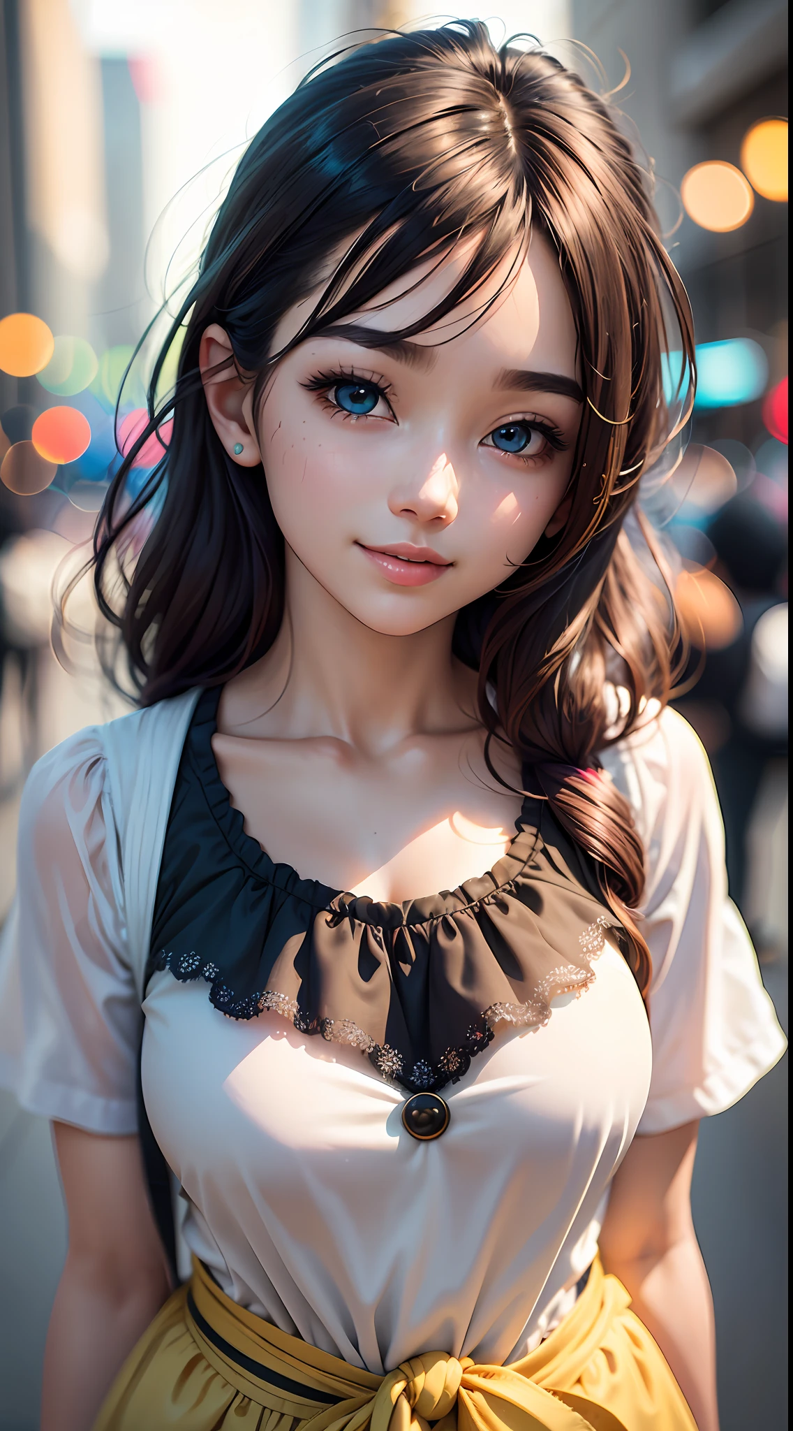 (8K, Best Quality, Masterpiece: 1.2), (Realistic, Realistic: 1.37), Ultra Detailed, Best Quality, Ultra High Resolution, Professional Lighting, Photon Mapping, Teleportion, Physically Based Rendering, Film Lighting, Walking Street, Rainy Depth of Field, Clear Focus, Sunlight, Good Composition, (Bokeh: 1.2) 1girl, Solo, (Close Up View), Beautiful and Detailed Eyes, Smiley Face, Pose, Narrow Waist, Big Breast, (Random colorful clothes), brunet, messy hair, (ulzzang-6500:1.2) --auto --s2