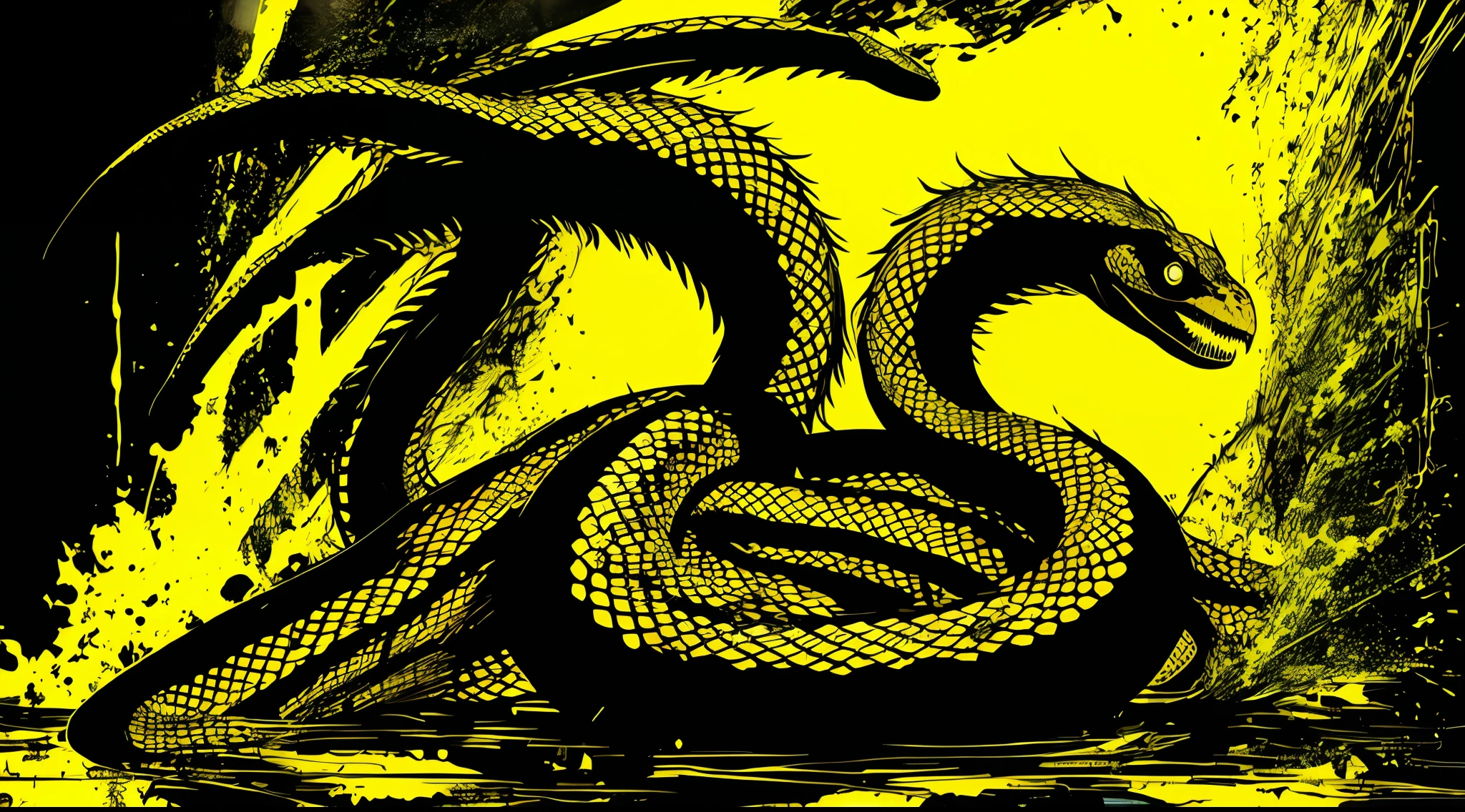 yellow and black, a giant snake standing, in the style of Mork Borg, strong contrast, grunge dirty punk splash art, zine black metal, colorful splash background