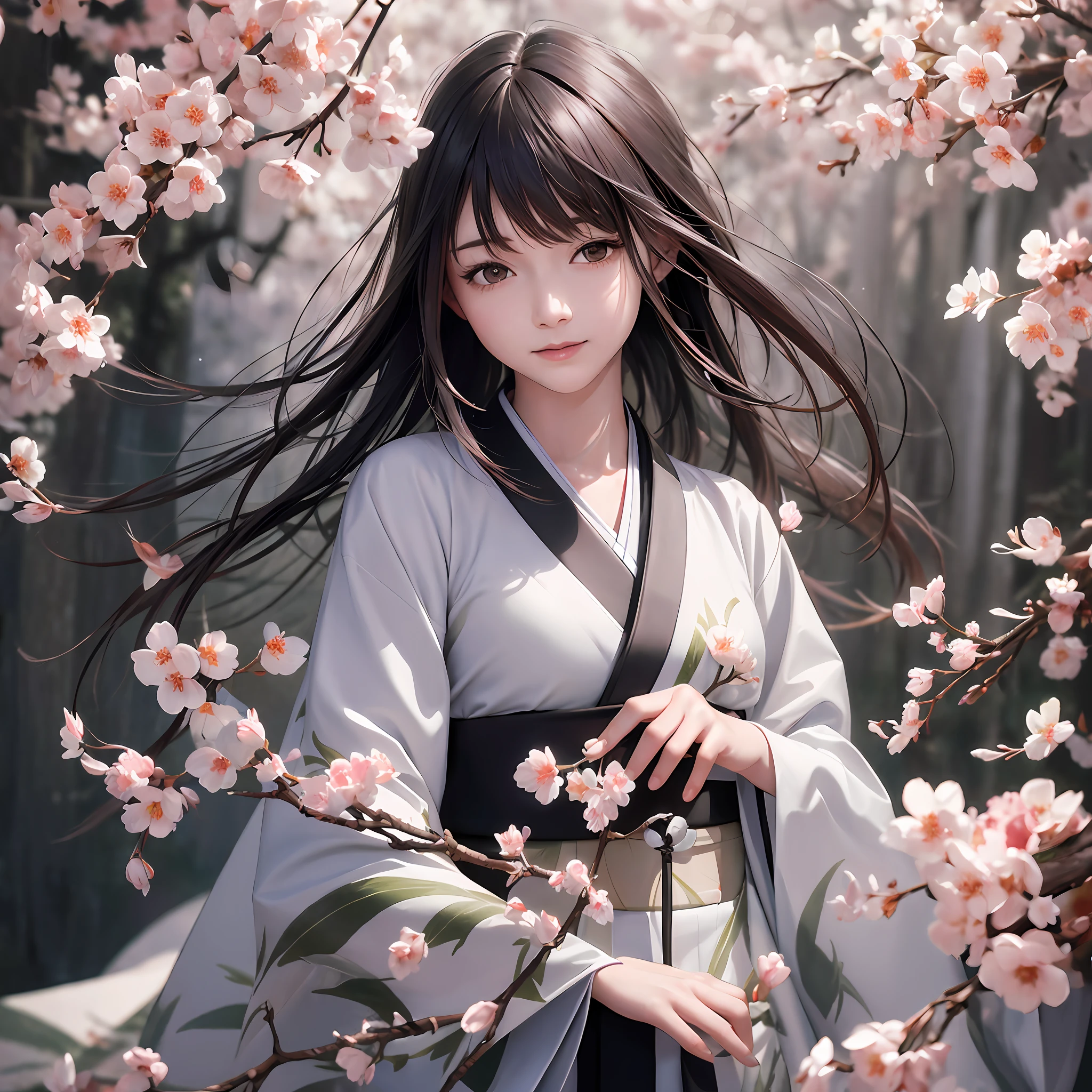 (RAW photo, highest quality), (realistic, photorealistic: 1.3), highest quality, high definition, masterpiece, super detail, illustration, 1girl, upper_body, dynamic angle, , messy_long_hair, top quality, highly detailed CG Unity 8k wallpaper, ink, wonderful, amazing, cinematic lighting, lens_flare, dunhuang_ style, black hair, white kimono, small, hagoromo, smile, cherry blossom, intelligent, Japanese, upper body, --auto --s2