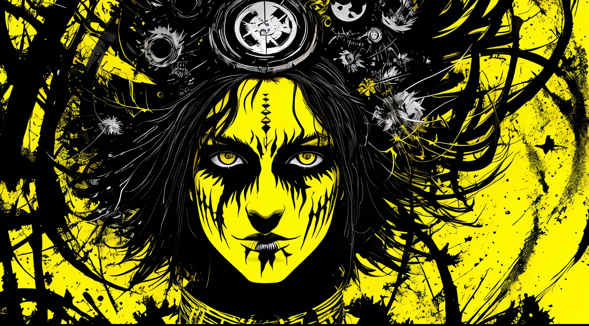 yellow and black, the forest shaman, in the style of Mork Borg, strong contrast, grunge dirty punk splash art, zine black metal, colorful splash background