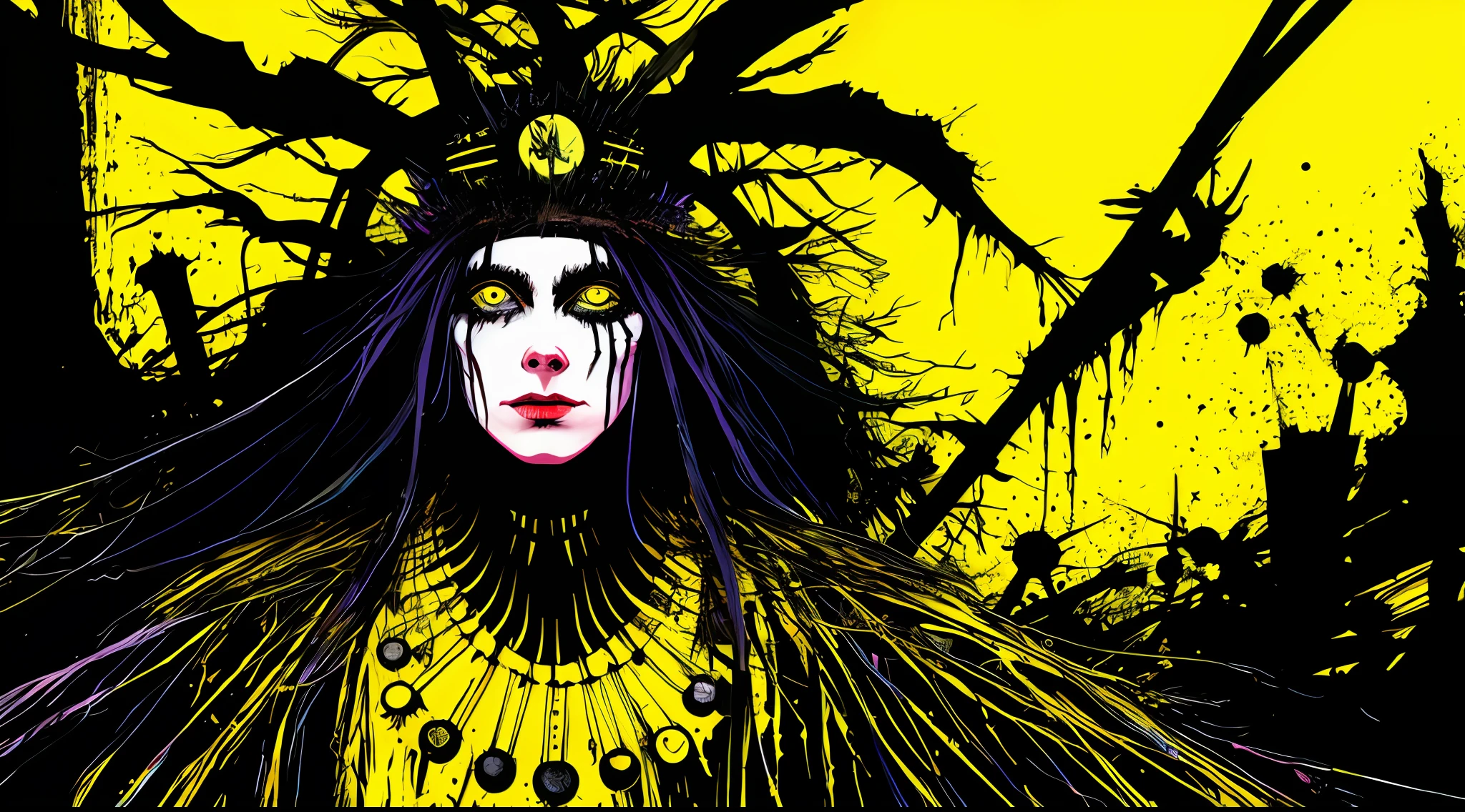 yellow and black, the forest shaman, in the style of Mork Borg, strong contrast, grunge dirty punk splash art, zine black metal, colorful splash background